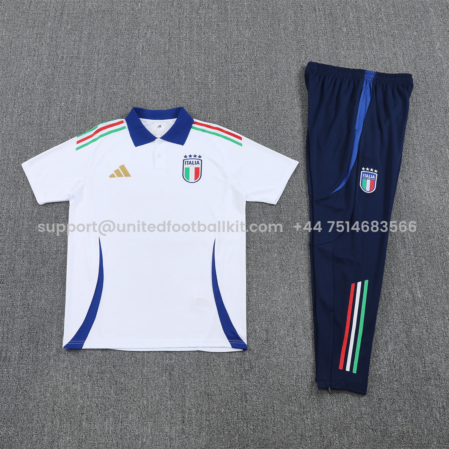 Unitedfootballkit.com | Italy 25-26 POLO Short-Sleeve Training Set - White Top and Deep Blue Pants -Customize Name, Number and Patch | Worldwide Shipping