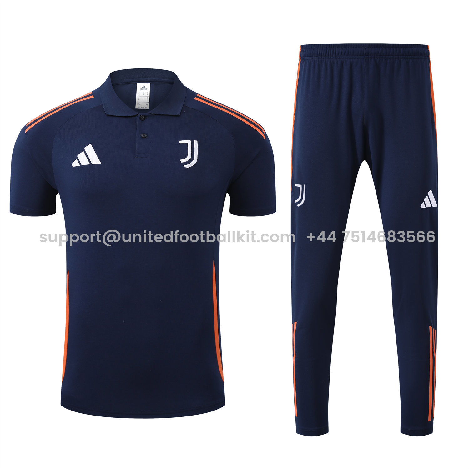 Unitedfootballkit.com | Juventus 25-26 POLO Short-Sleeve Training Set - Deep Blue Top and Pants with Orange Stripes -Customize Name, Number and Patch | Worldwide Shipping