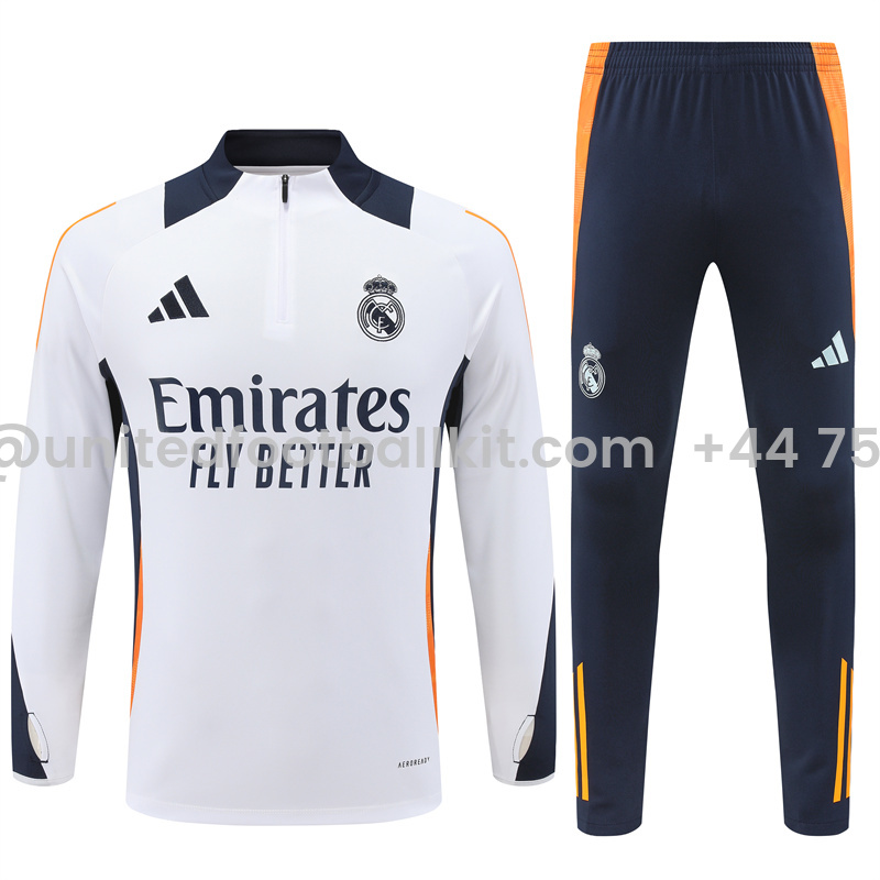 Unitedfootballkit.com | Real Madrid 24-25 Long Sleeve Training Set - White -Customize Name, Number and Patch | Worldwide Shipping
