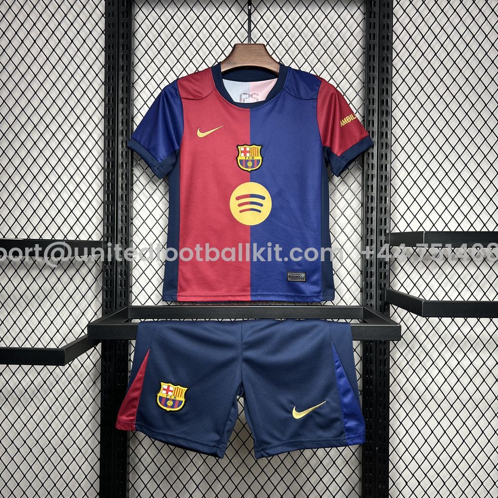 Unitedfootballkit.com | Barcelona 24-25 Home Stadium Kids Kit with Big Logo -Customize Name, Number and Patch | Worldwide Shipping