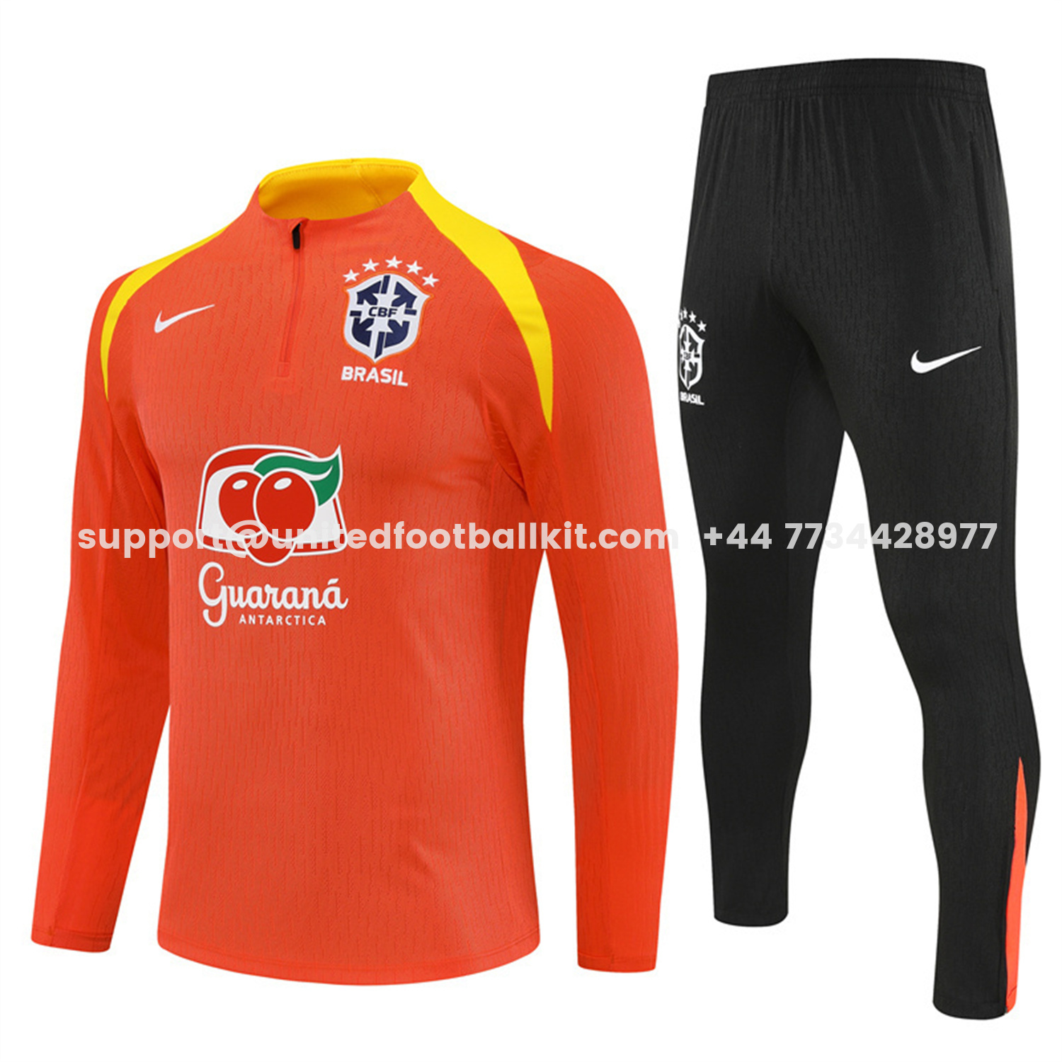 Unitedfootballkit.com | Brazil 25-26 Long Sleeve Training Set - Player Version - Orange Top and Black Pants -Customize Name, Number and Patch | Worldwide Shipping