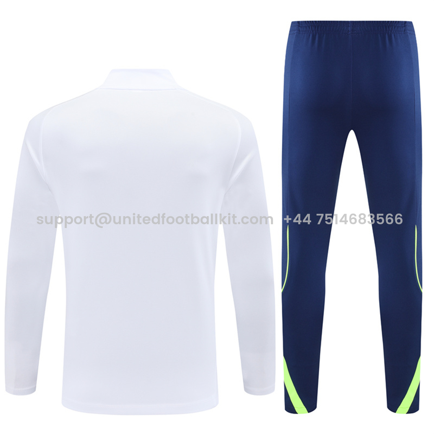 Unitedfootballkit.com | Real Madrid 25-26 Kids Long Sleeves Training Set - Green Line White Top and Blue Pants -Customize Name, Number and Patch | Worldwide Shipping