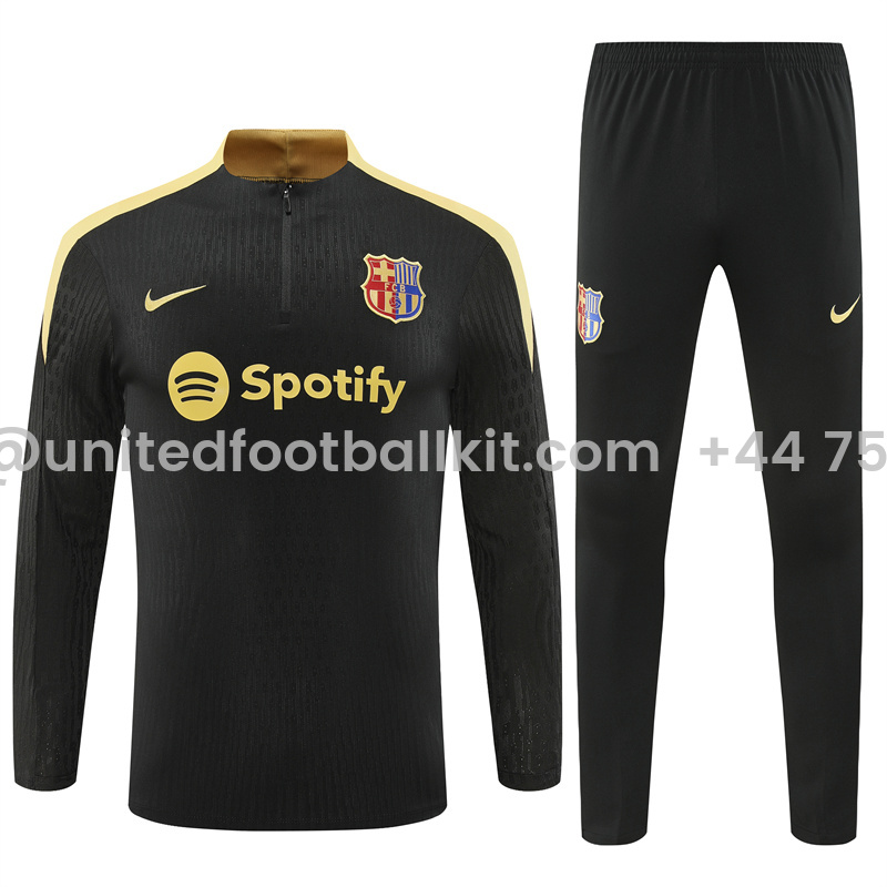 Unitedfootballkit.com | Barcelona 24-25 Kids Long Sleeve Training Set - Player Version - Black Gold -Customize Name, Number and Patch | Worldwide Shipping