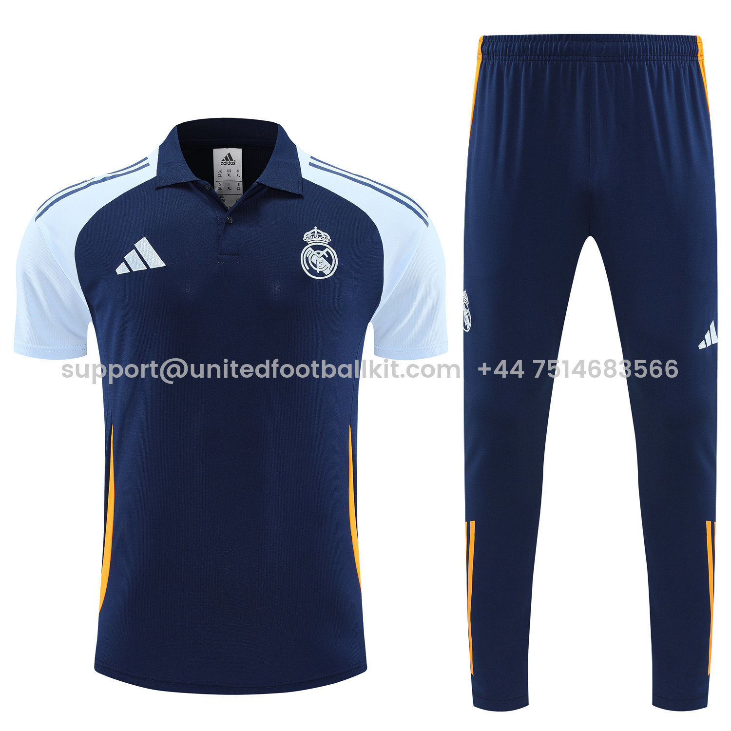 Unitedfootballkit.com | Real Madrid 25-26 POLO Short-Sleeve Training Set - Deep Blue Top and Pants with Yellow Stripes -Customize Name, Number and Patch | Worldwide Shipping