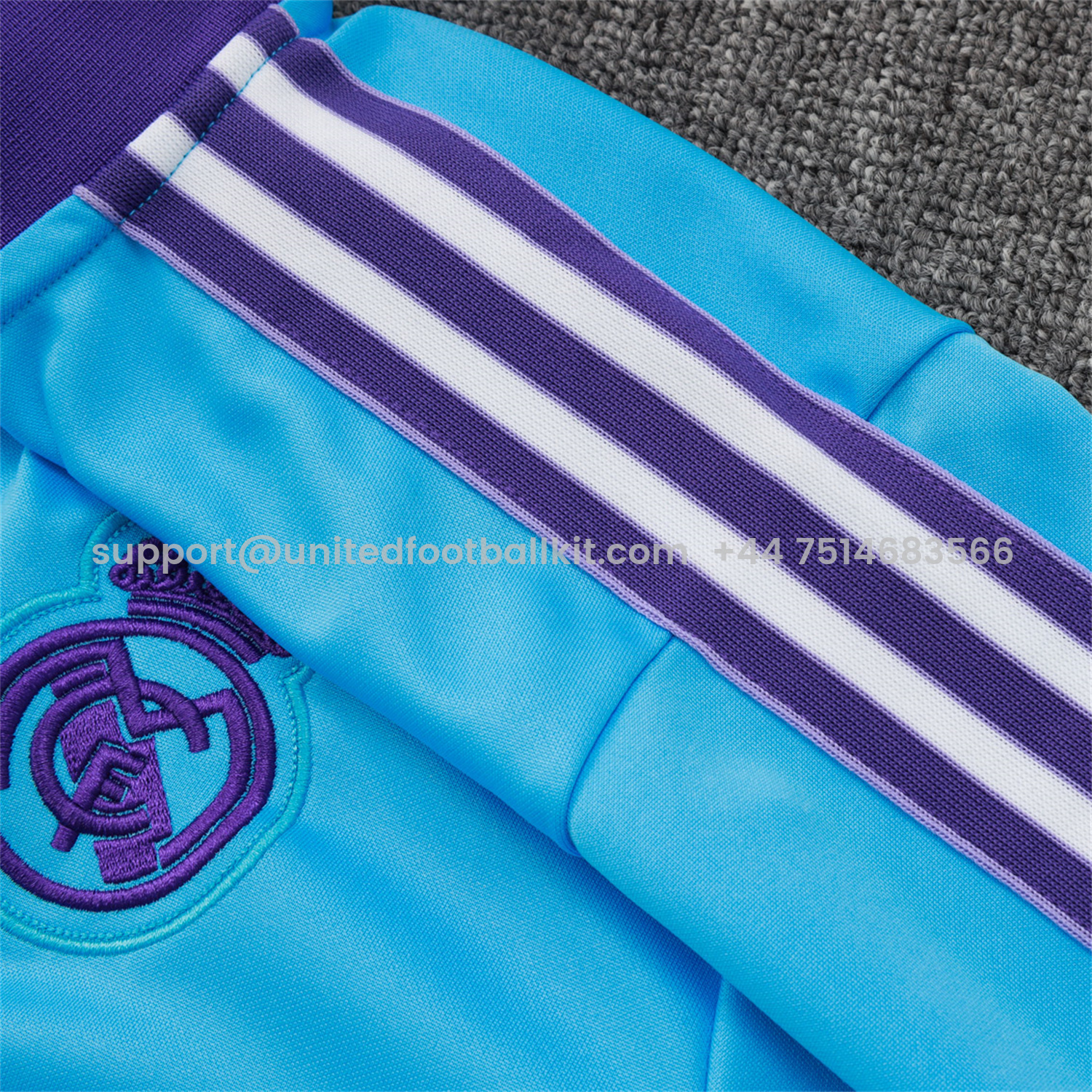 Unitedfootballkit.com | Real Madrid 25-26 Throwback Trefoil Jacket Training Tracksuit - Blue Jackets & Purple Pants -Customize Name, Number and Patch | Worldwide Shipping