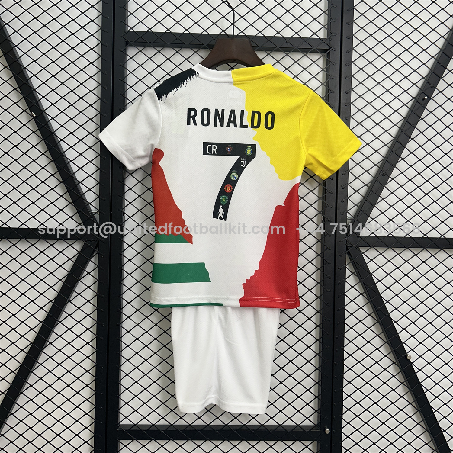 Unitedfootballkit.com | Cristiano Ronaldo Career Commemorative Kids Kit - Real Madrid Manchester United Juventus Portugal Al Nassr Sporting CP - Player Version -Customize Name, Number and Patch | Worldwide Shipping