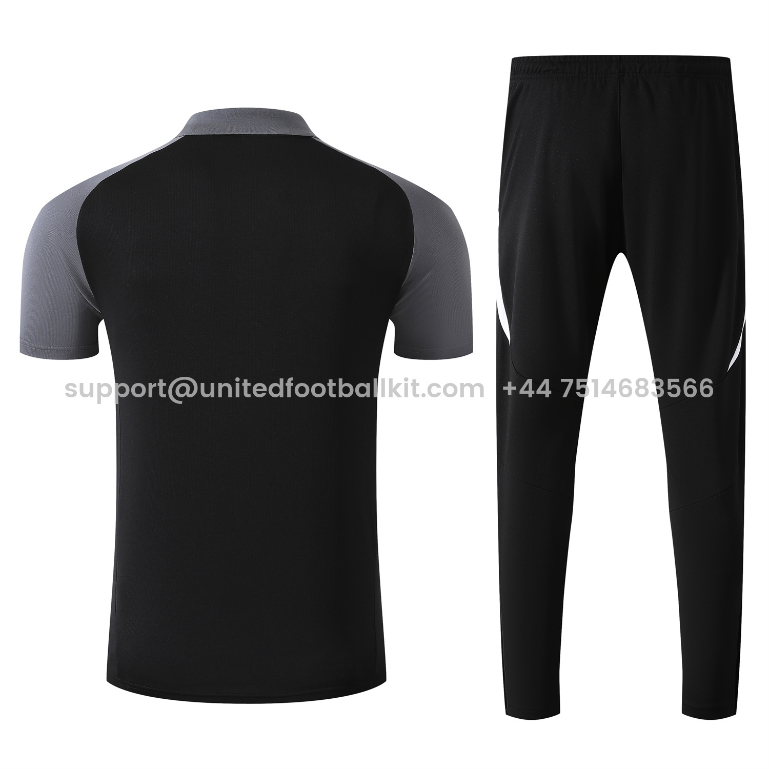 Unitedfootballkit.com | Manchester United 25-26 POLO Short-Sleeve Training Set - Black Top and Pants with White Stripes -Customize Name, Number and Patch | Worldwide Shipping