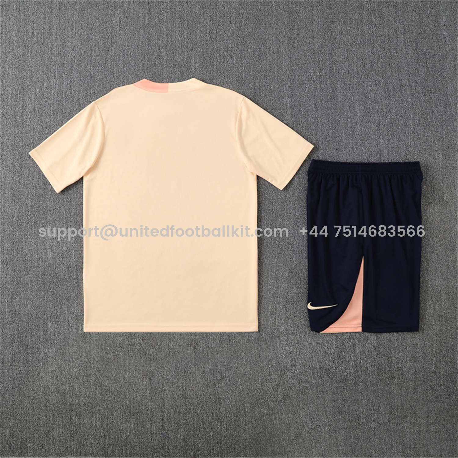 Unitedfootballkit.com | Barcelona 25-26 Kids Short-Sleeve Training Set - Beige Top & Blue Shorts -Customize Name, Number and Patch | Worldwide Shipping