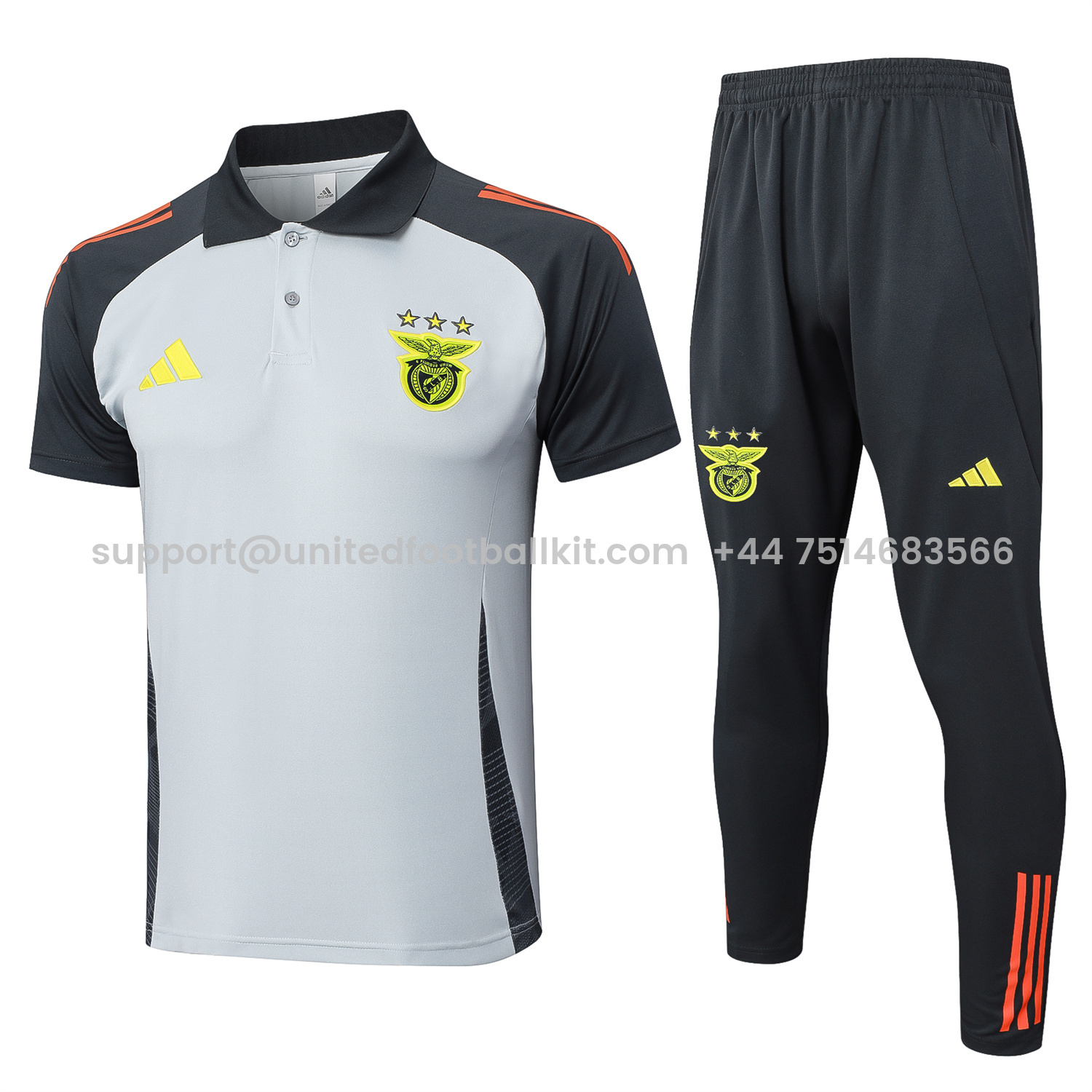 Unitedfootballkit.com | Benfica 25-26 POLO Short-Sleeve Training Set - Grey Top and Deep Grey Pants -Customize Name, Number and Patch | Worldwide Shipping