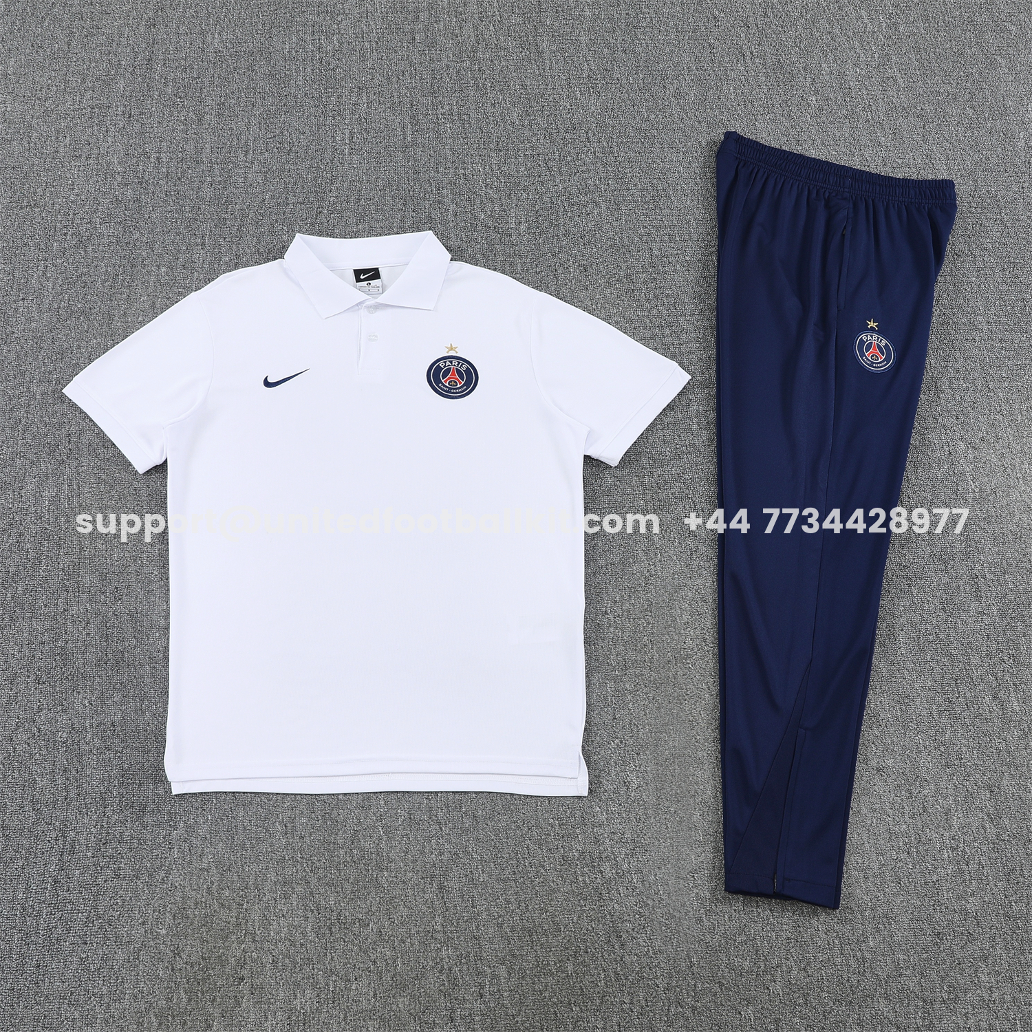 Unitedfootballkit.com | Paris Saint-Germain PSG 25-26 POLO Short-Sleeve Training Set - White Top and Dark Blue Pants -Customize Name, Number and Patch | Worldwide Shipping