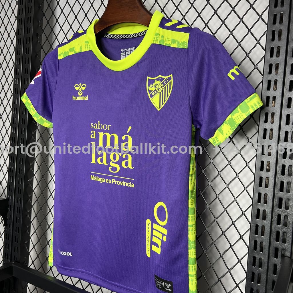 Unitedfootballkit.com | Malaga 24-25 Away Kids Kit -Customize Name, Number and Patch | Worldwide Shipping