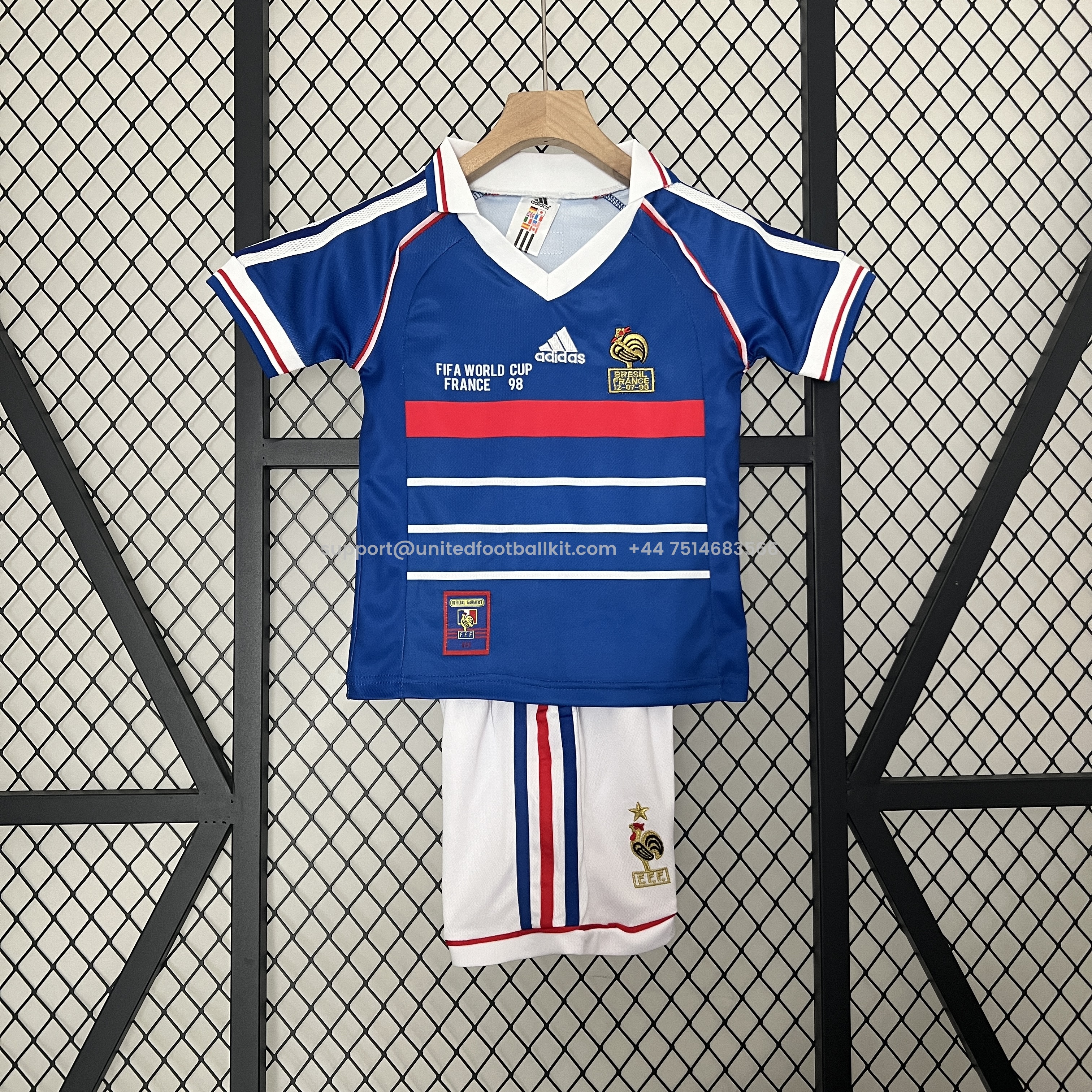 Unitedfootballkit.com | Retro France 1998 Home Stadium Kids Kit -Customize Name, Number and Patch | Worldwide Shipping