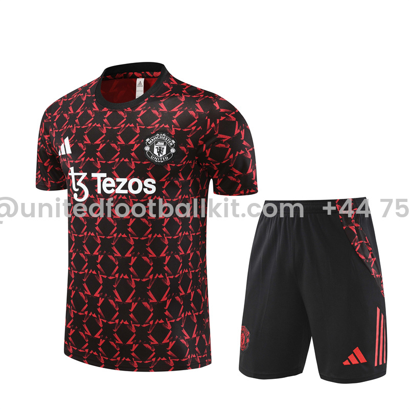 Unitedfootballkit.com | Manchester United 24-25 Short-Sleeve Training Kids Kit - Black Red Camouflage -Customize Name, Number and Patch | Worldwide Shipping