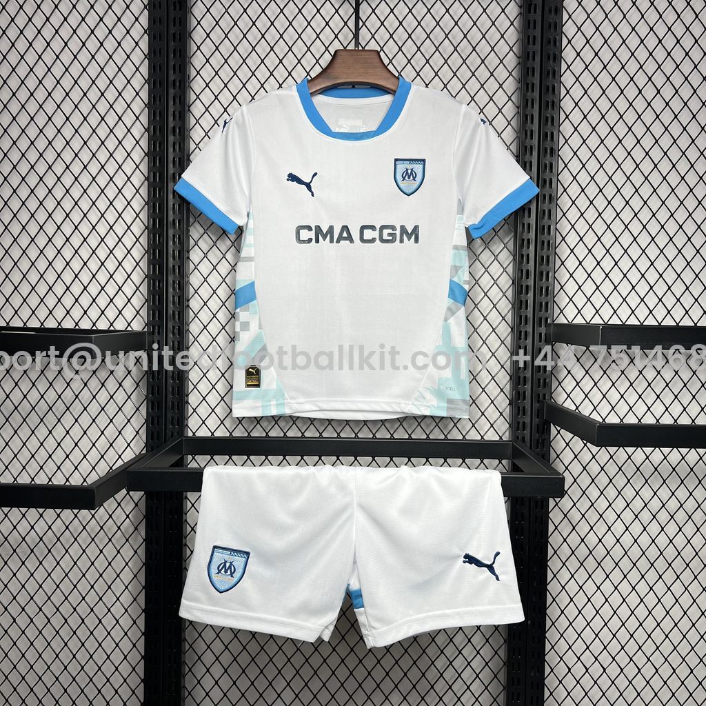 Unitedfootballkit.com | Marseille 24-25 Home Stadium Kids Kit -Customize Name, Number and Patch | Worldwide Shipping