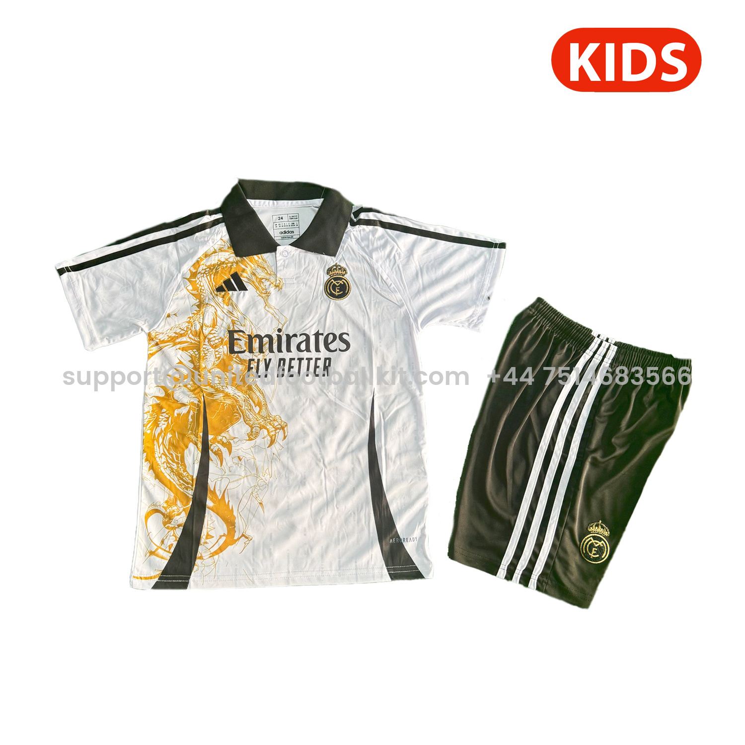Unitedfootballkit.com | Real Madrid 25-26 Golden Dragon White Special Polo Kids Kit -Customize Name, Number and Patch | Worldwide Shipping