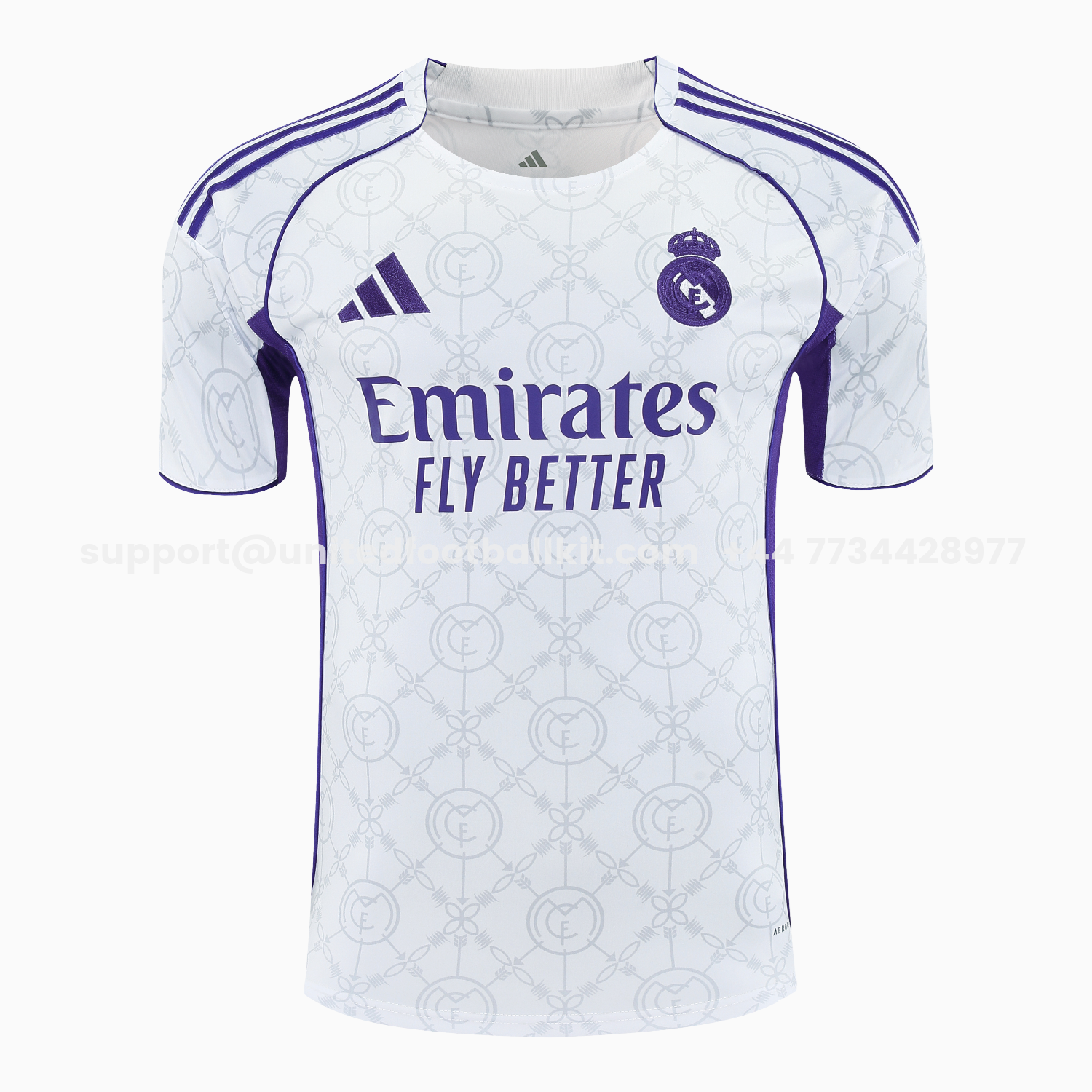 Unitedfootballkit.com | Real Madrid 25-26 Short-Sleeve Training Set - Blue Edge White Top & Black Shorts -Customize Name, Number and Patch | Worldwide Shipping