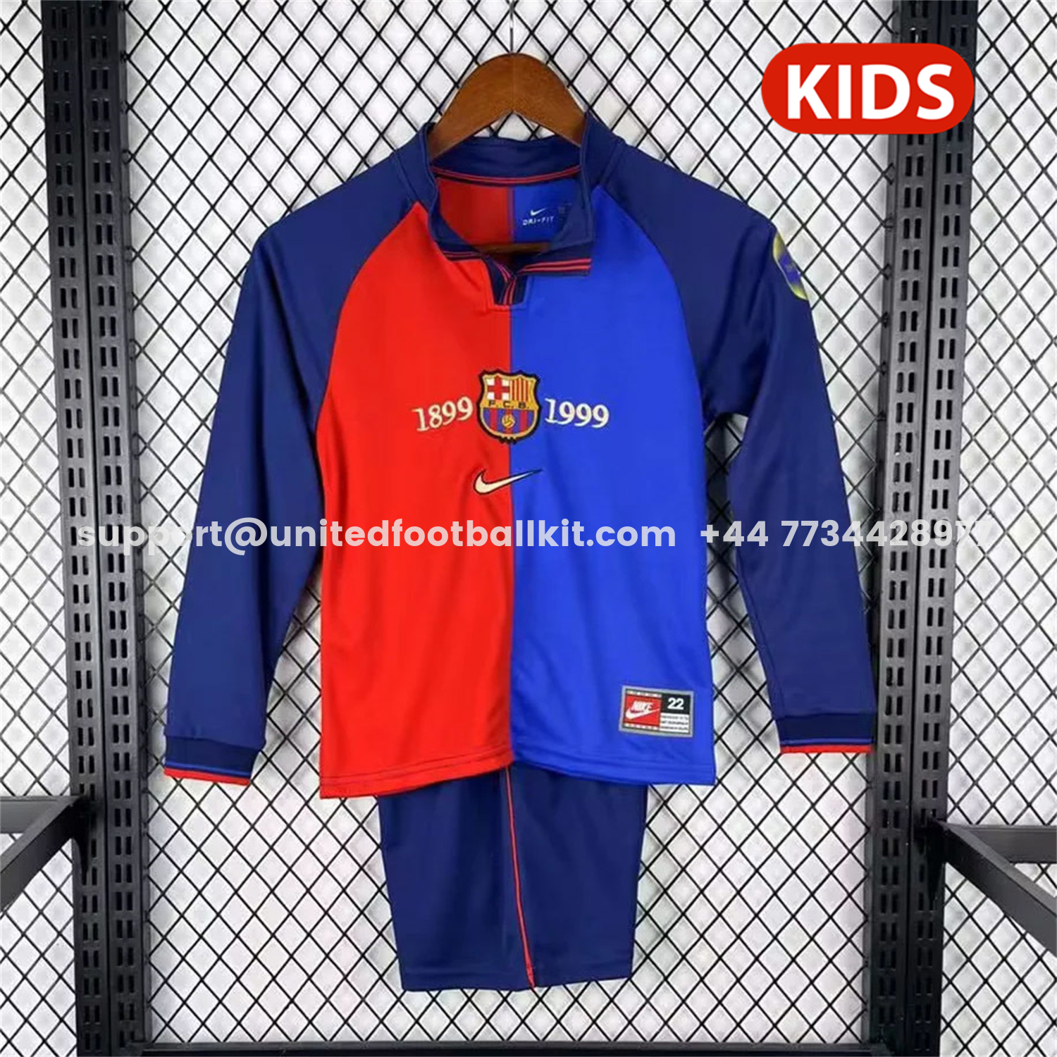 Unitedfootballkit.com | Retro Barcelona 99-00 Home 100th anniversary Long Sleeves Kids Kit -Customize Name, Number and Patch | Worldwide Shipping