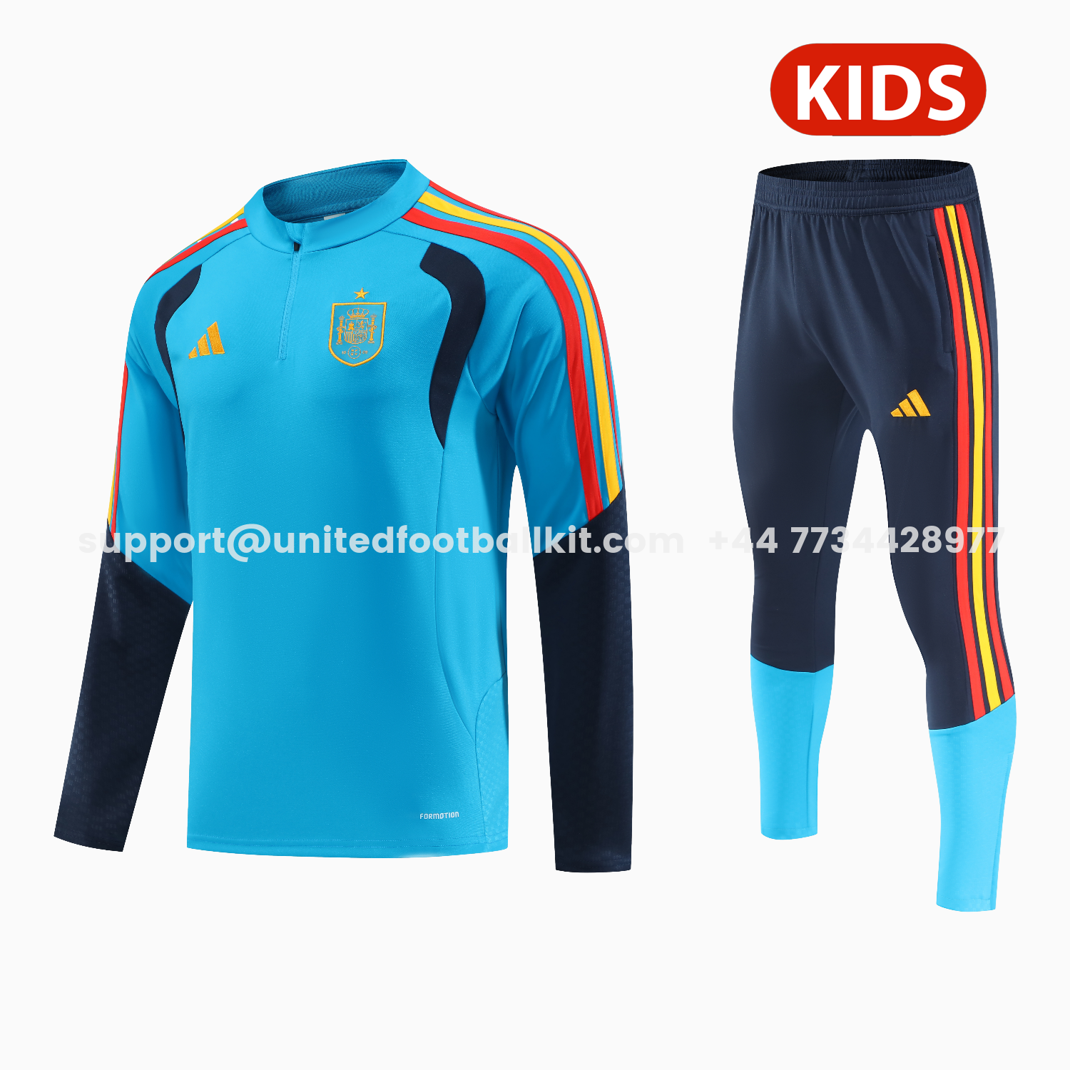 Unitedfootballkit.com | Spain 2026 Kids Long Sleeve Training Set - Light Blue Top & Pants -Customize Name, Number and Patch | Worldwide Shipping