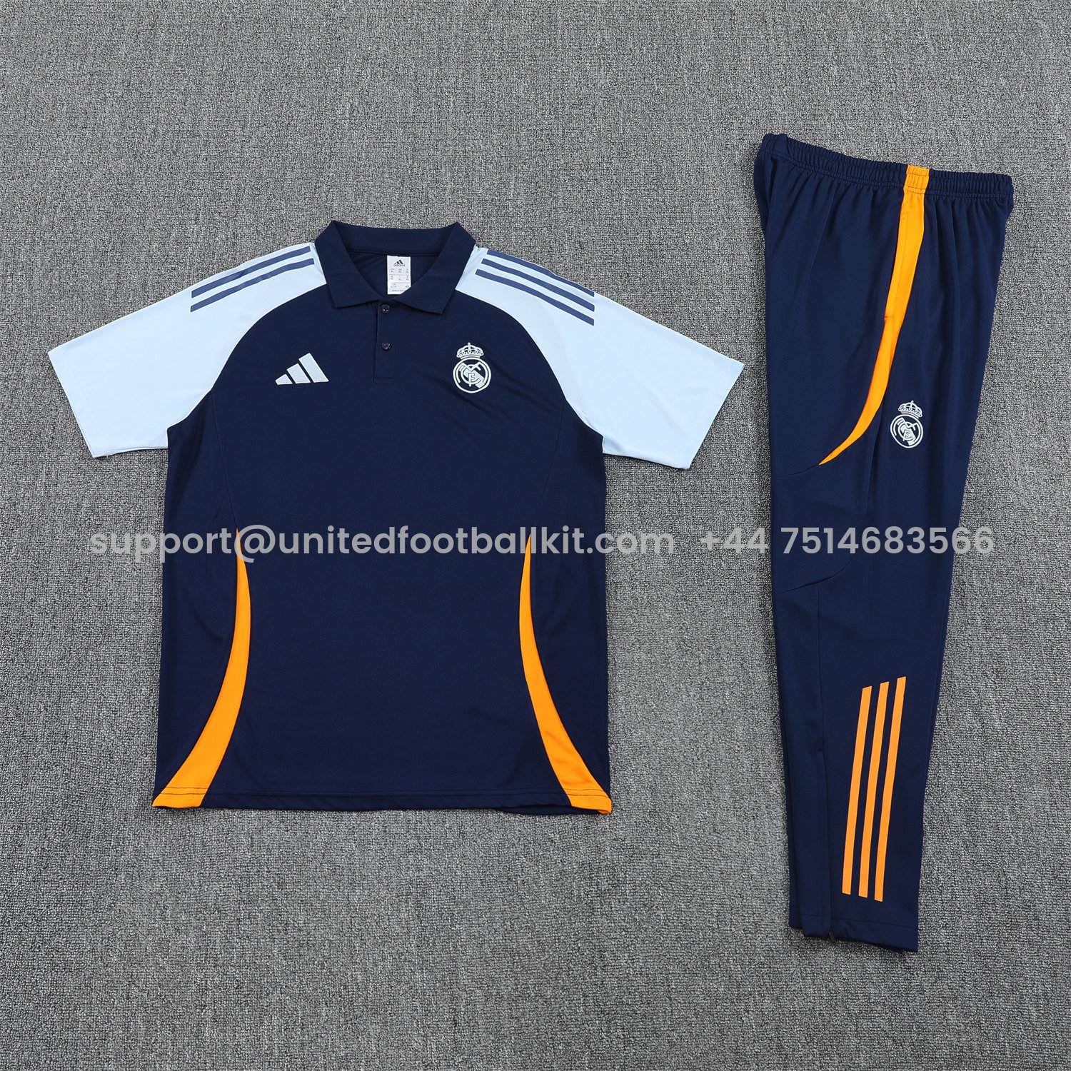 Unitedfootballkit.com | Real Madrid 25-26 POLO Short-Sleeve Training Set - Deep Blue Top and Pants with Yellow Stripes -Customize Name, Number and Patch | Worldwide Shipping