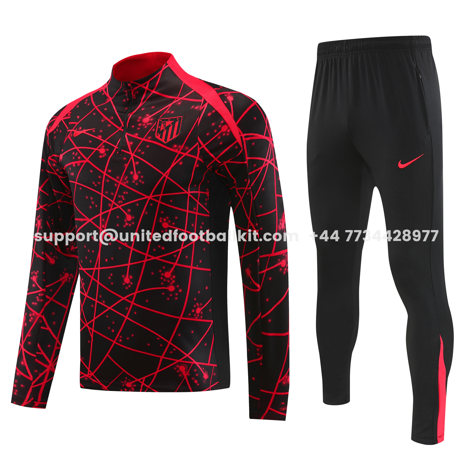 Unitedfootballkit.com | Atletico Madrid 25-26 Long Sleeves Training Set - Red Top & Black Pants -Customize Name, Number and Patch | Worldwide Shipping