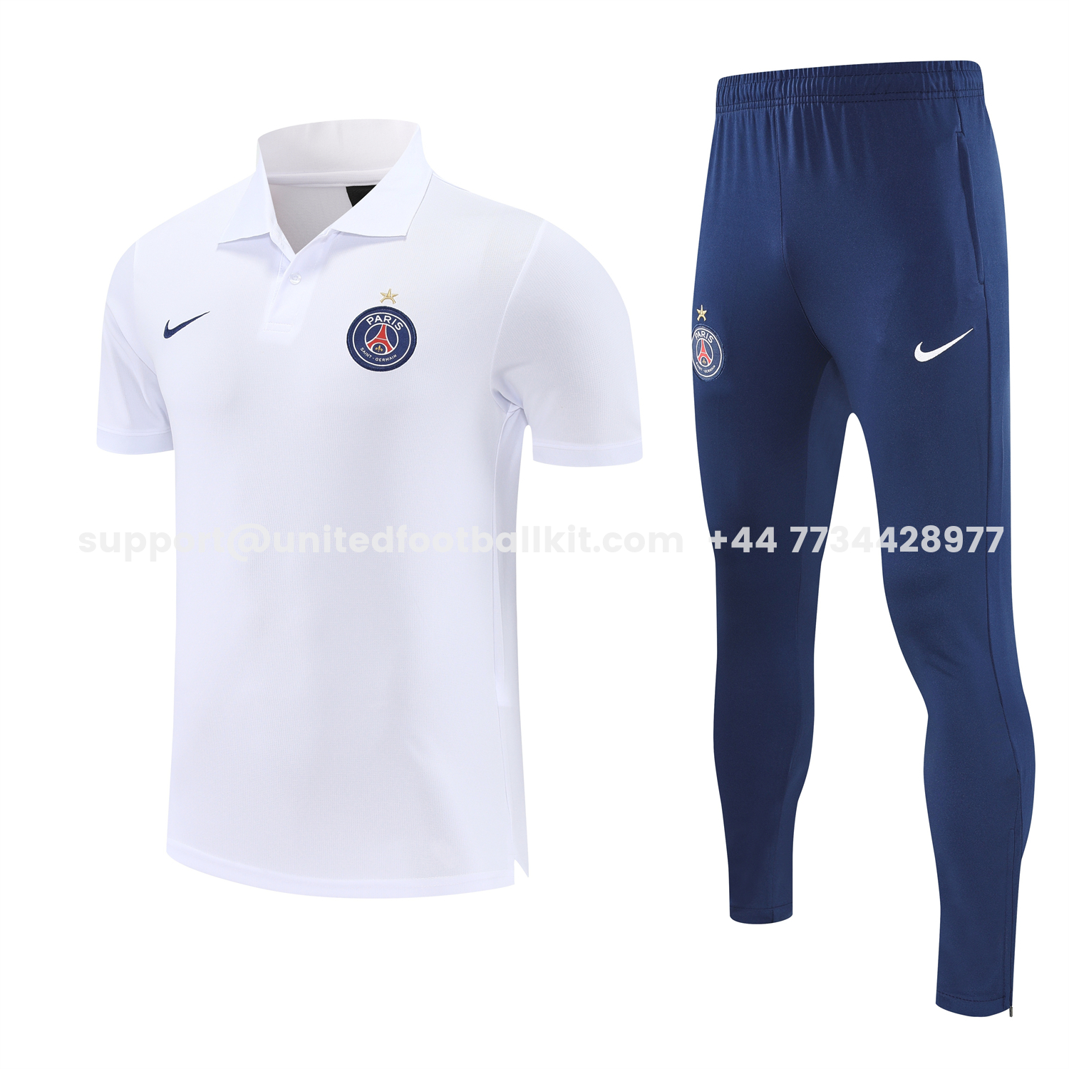 Unitedfootballkit.com | Paris Saint-Germain PSG 25-26 POLO Short-Sleeve Training Set - White Top and Dark Blue Pants -Customize Name, Number and Patch | Worldwide Shipping