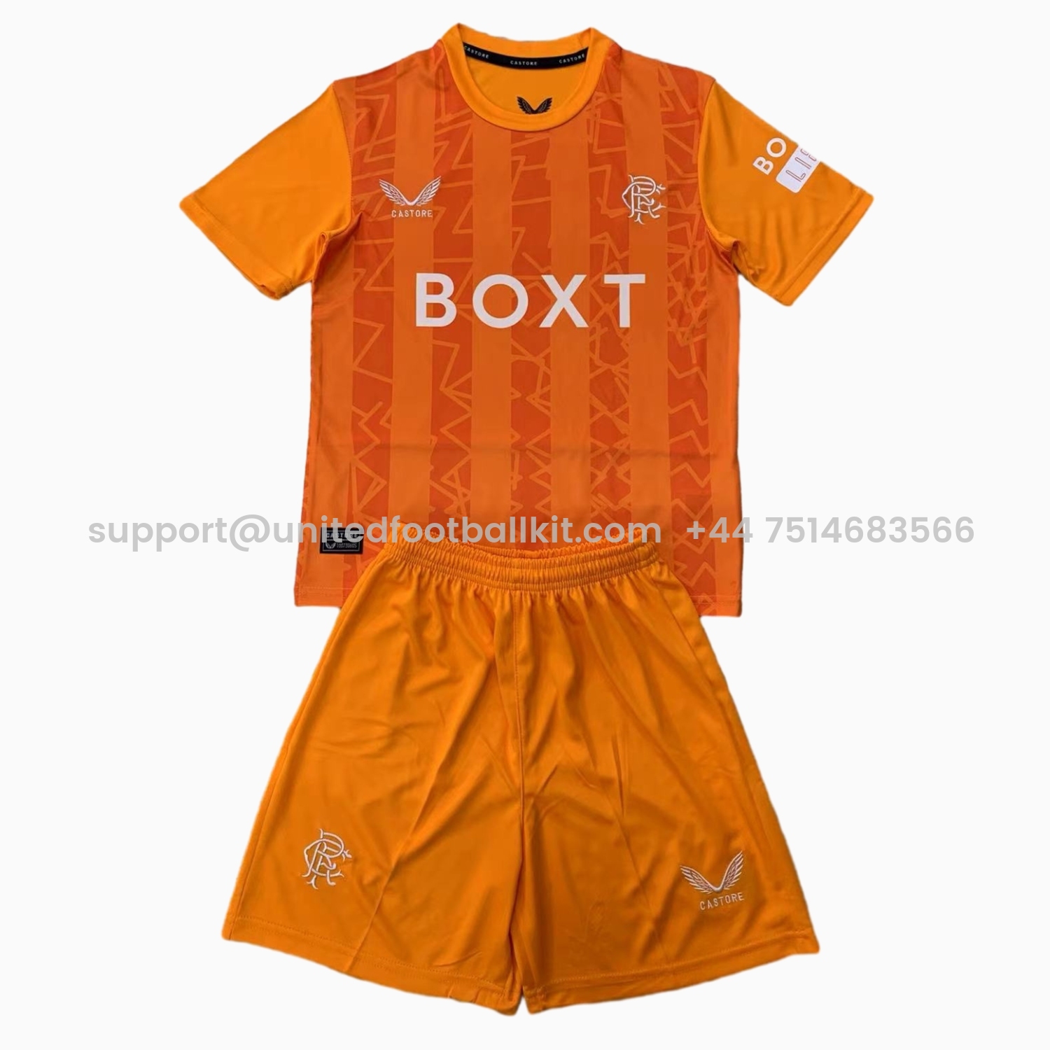 Unitedfootballkit.com | Glasgow Rangers 24-25 Orange Goalkeeper Kids Kit -Customize Name, Number and Patch | Worldwide Shipping