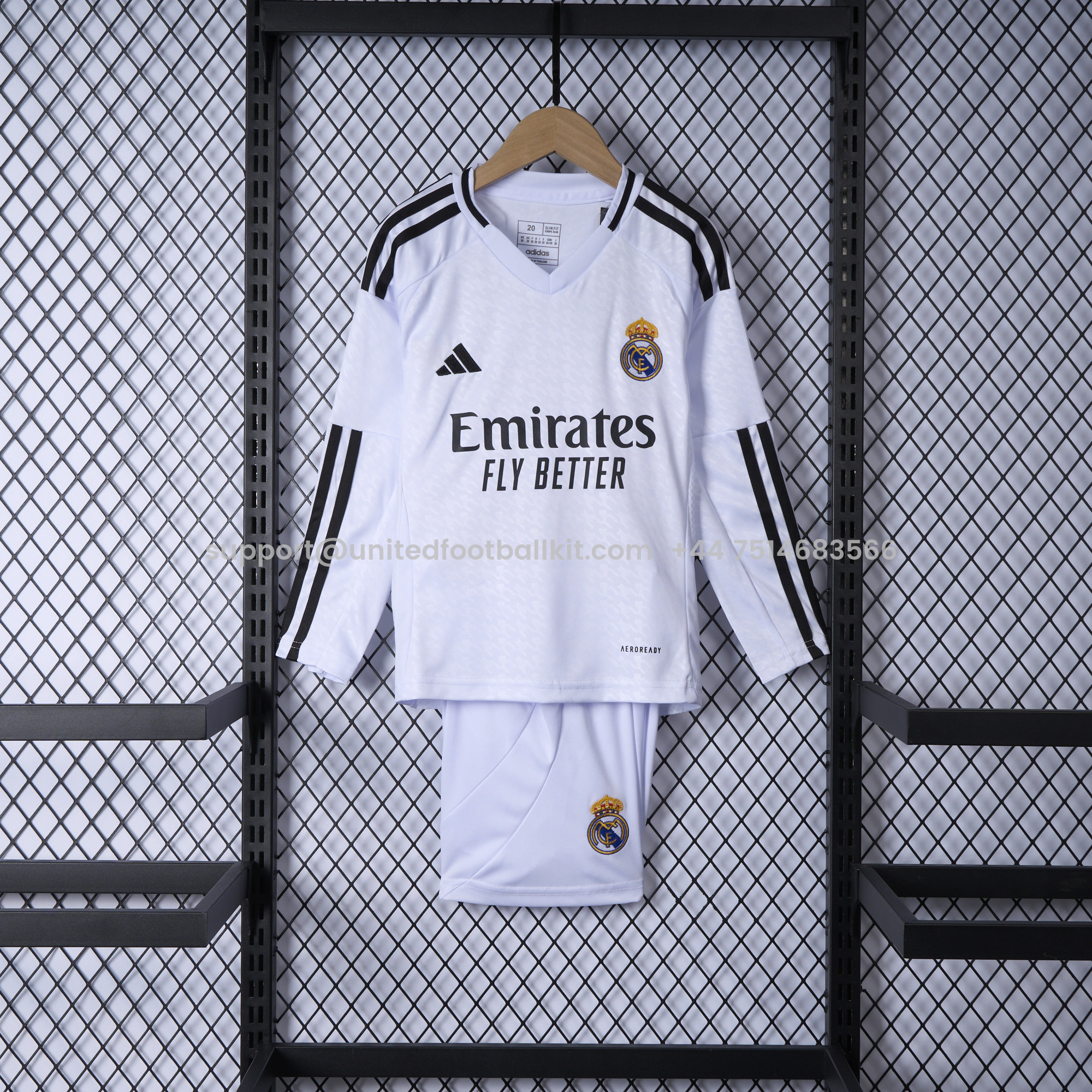 Unitedfootballkit.com | Real Madrid 24-25 Home Long Sleeve Kids Kit -Customize Name, Number and Patch | Worldwide Shipping