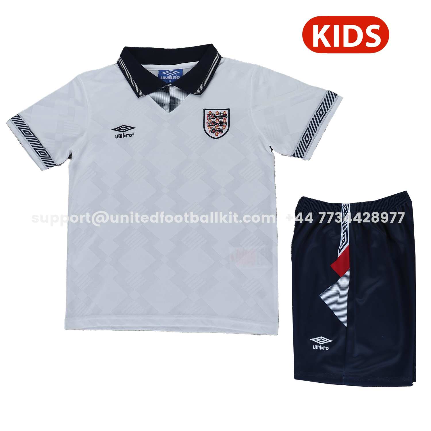 Unitedfootballkit.com | Retro England 1990 Home Kids Kit -Customize Name, Number and Patch | Worldwide Shipping