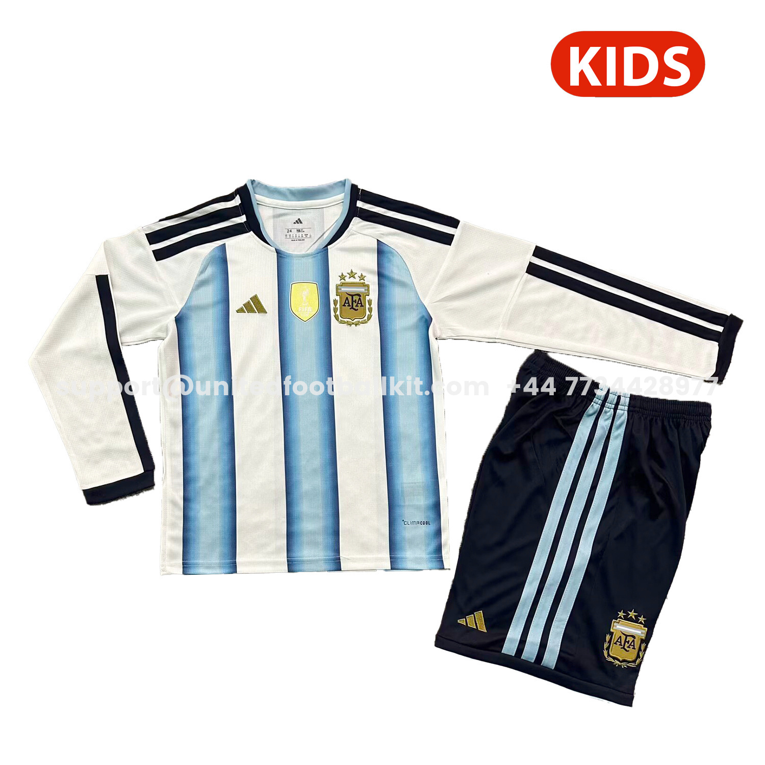 Unitedfootballkit.com | Argentina 2026 Home Long Sleeves Kids Kit -Customize Name, Number and Patch | Worldwide Shipping