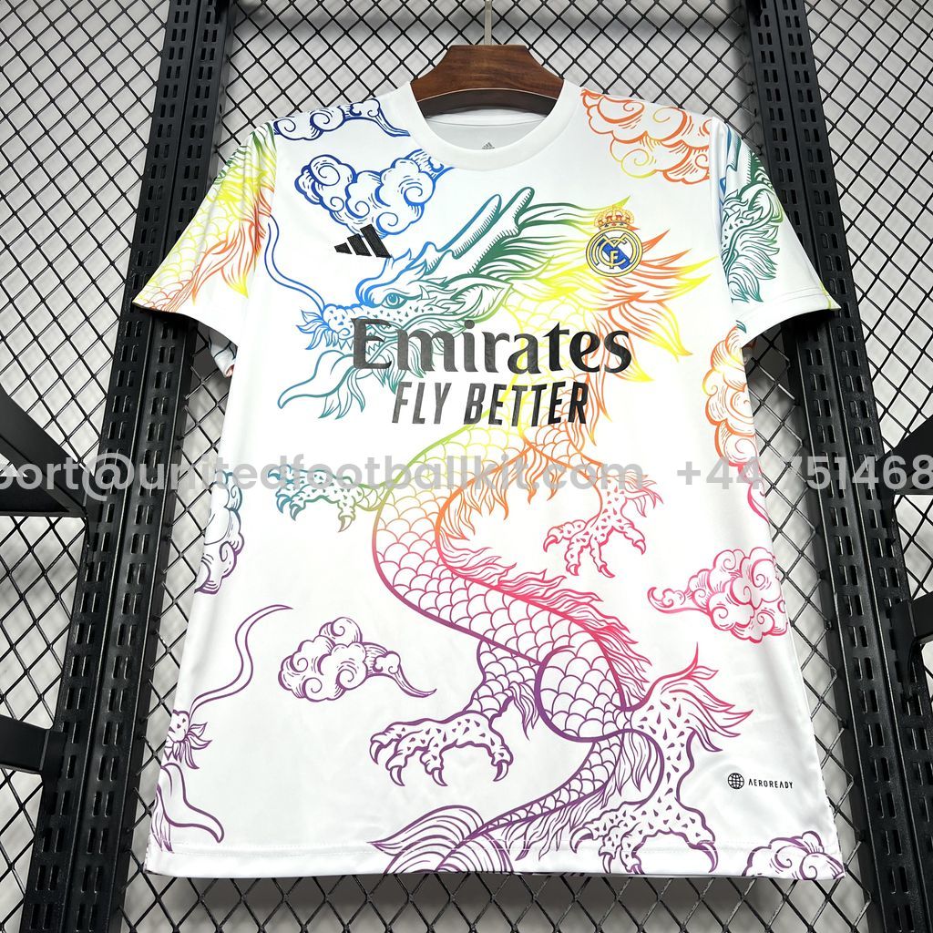 Unitedfootballkit.com | Real Madrid 24-25 White Colorful Dragon Speical Jersey - Fans Version -Customize Name, Number and Patch | Worldwide Shipping
