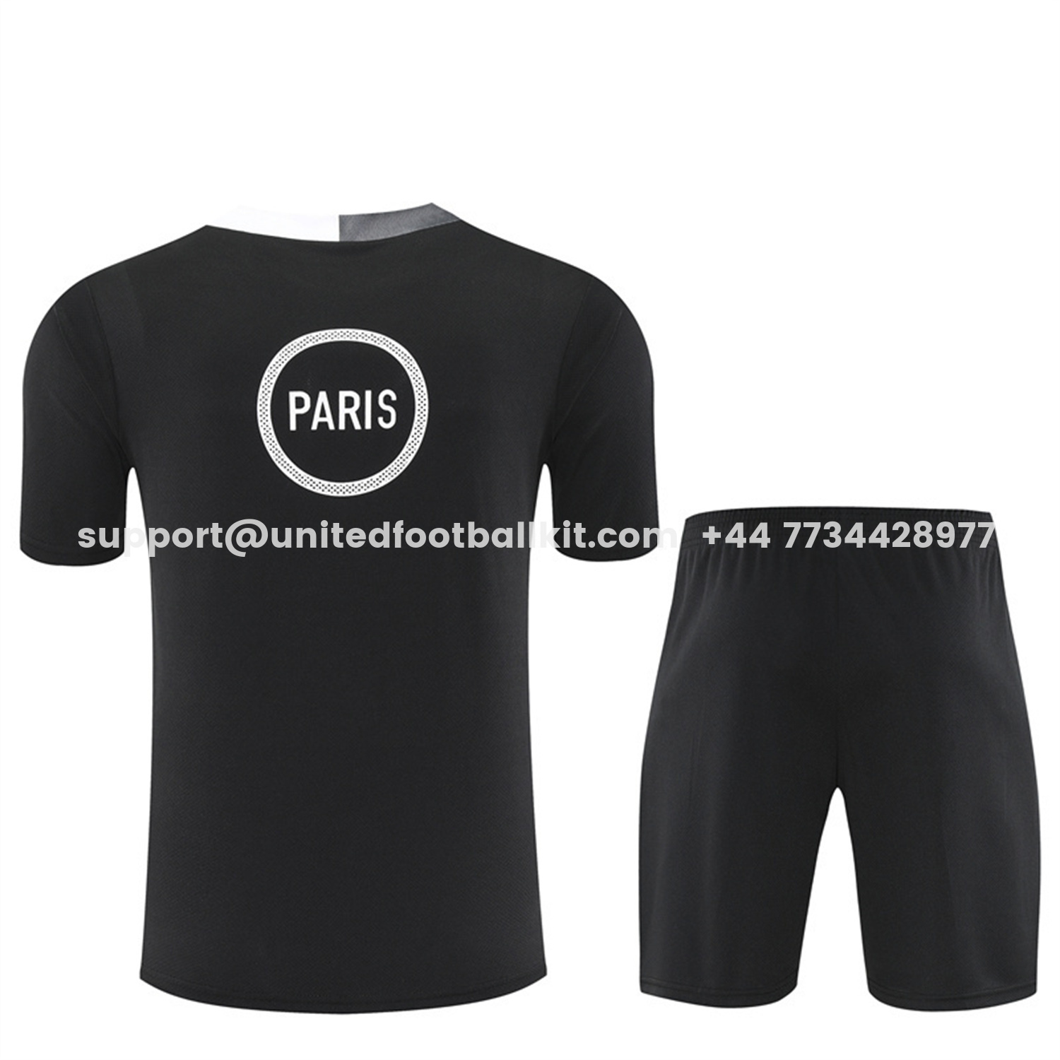 Unitedfootballkit.com | Paris Saint-Germain PSG 25-26 Short-Sleeve Training Set - White Edge Black Top & Black Shorts -Customize Name, Number and Patch | Worldwide Shipping