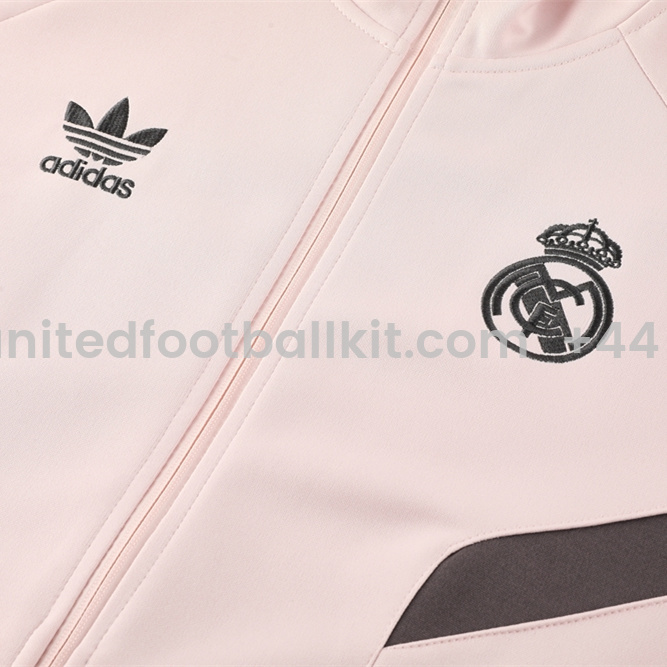 Unitedfootballkit.com | Real Madrid 24-25 Jacket Training Tracksuit - Light Pink Top and Black Pants -Customize Name, Number and Patch | Worldwide Shipping