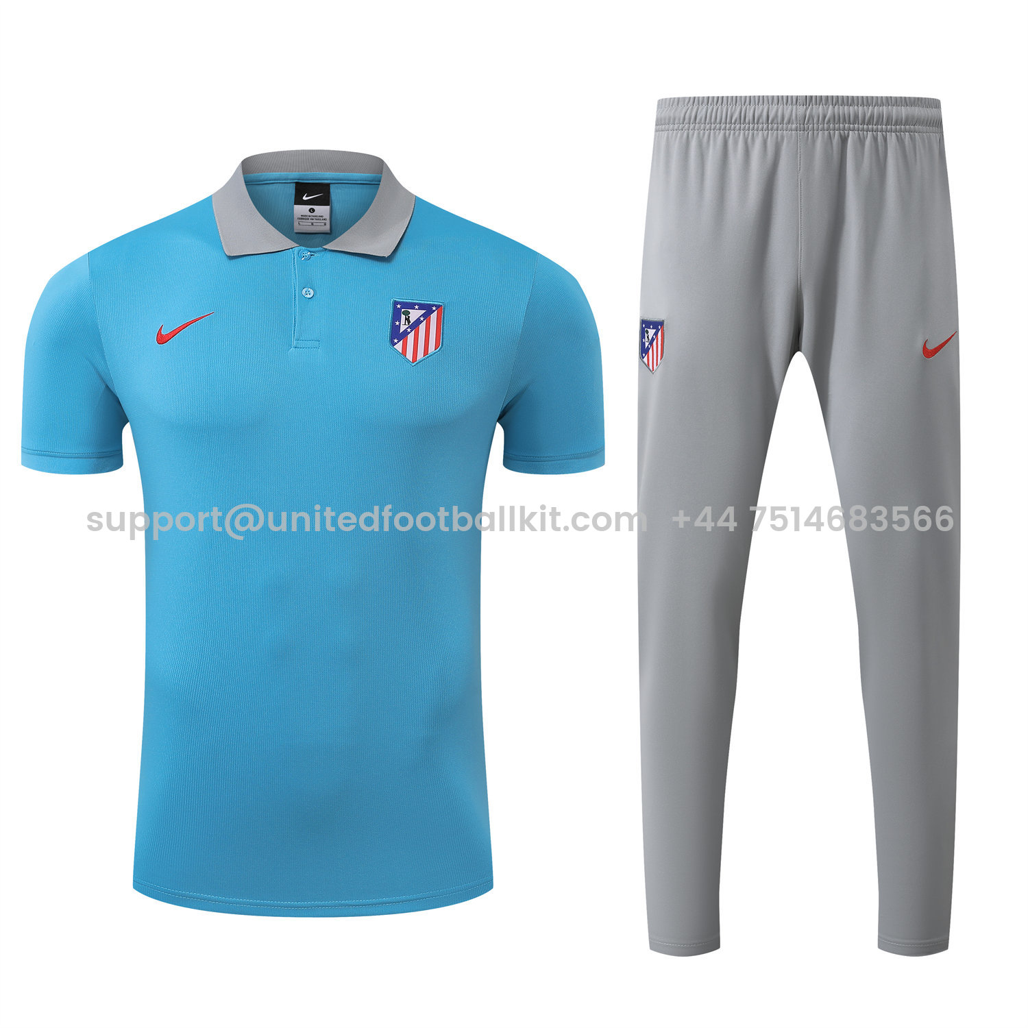 Unitedfootballkit.com | Atletico Madrid 25-26 POLO Short-Sleeve Training Set - Blue Top and Grey Pants -Customize Name, Number and Patch | Worldwide Shipping