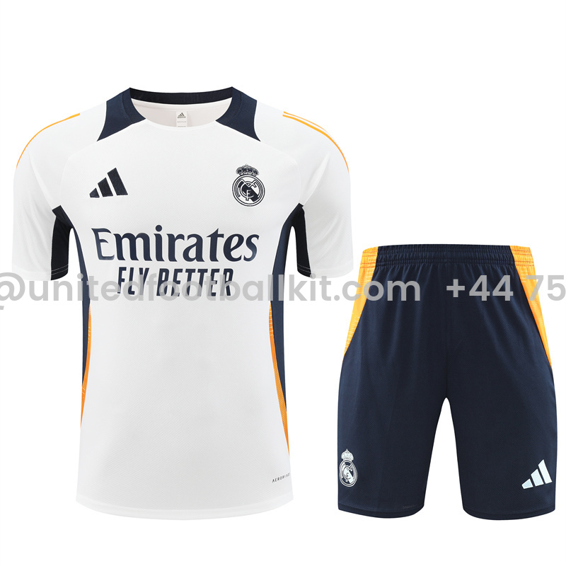 Unitedfootballkit.com | Real Madrid 24-25 Short-Sleeve Training Set - White & Deep Blue -Customize Name, Number and Patch | Worldwide Shipping