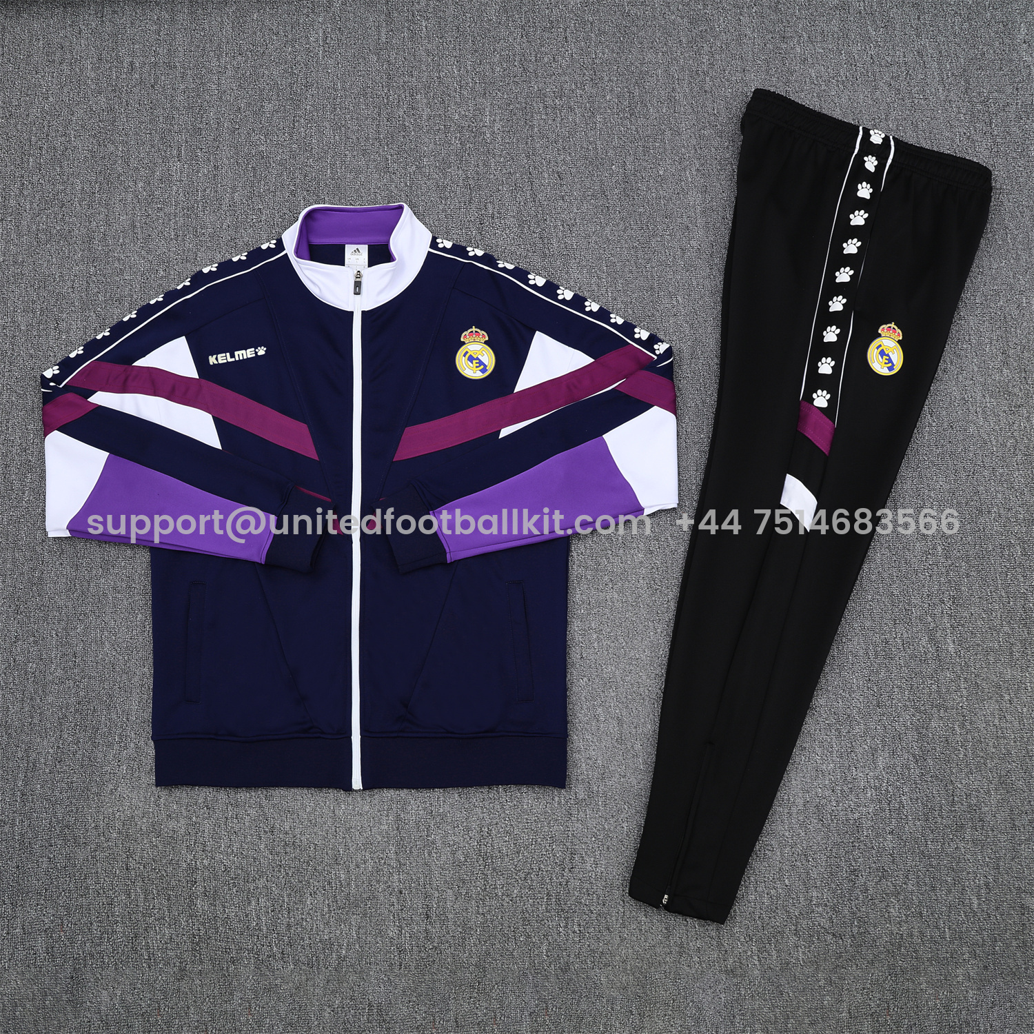 Unitedfootballkit.com | Real Madrid 25-26 Throwback Jacket Training Tracksuit - Deep Blue and Purple Jackets & Black Pants -Customize Name, Number and Patch | Worldwide Shipping