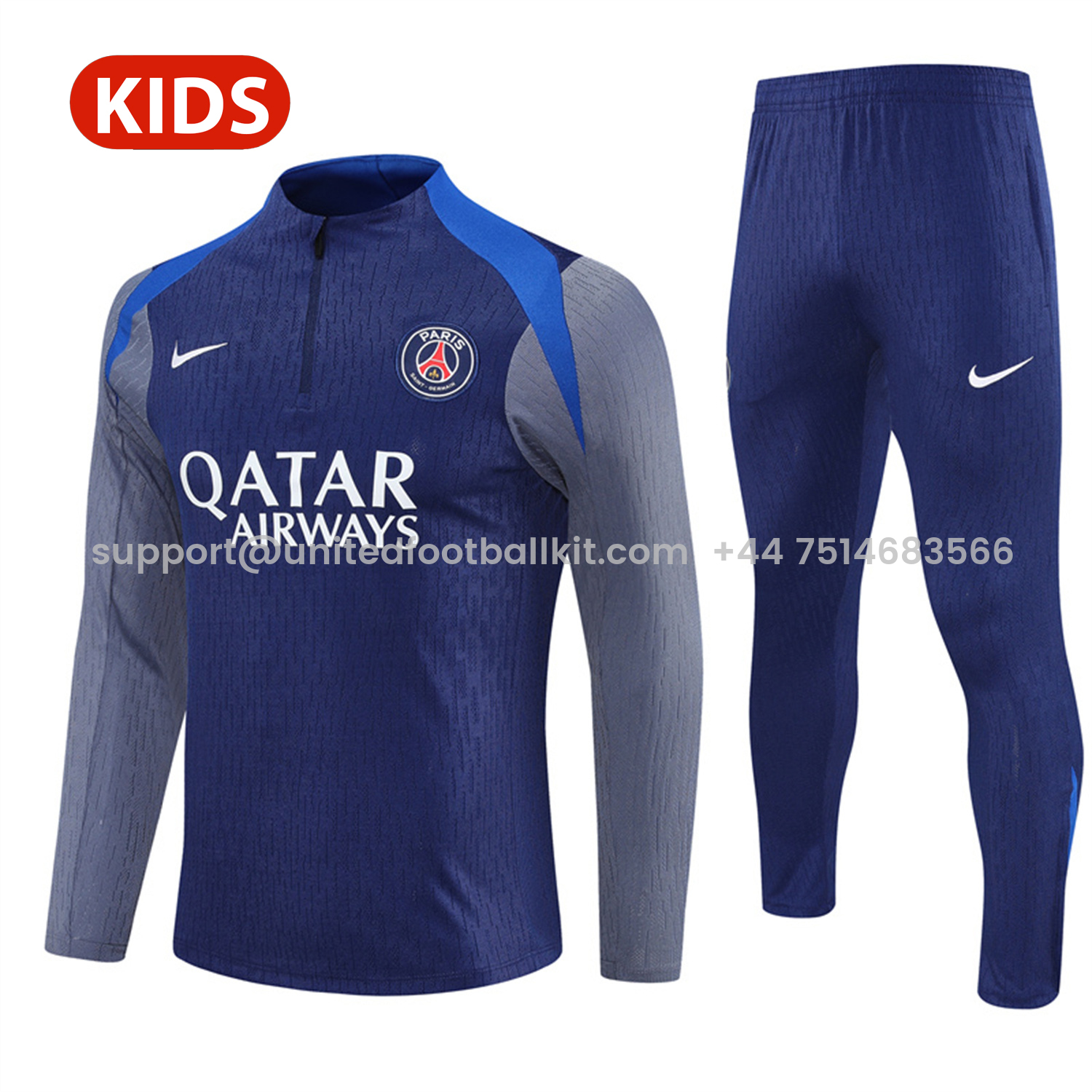 Unitedfootballkit.com | Paris Saint-Germain PSG 25-26 Kid Long Sleeves Training Set - Royal Blue Gray Sleeves Top & Royal Blue Pants -Customize Name, Number and Patch | Worldwide Shipping