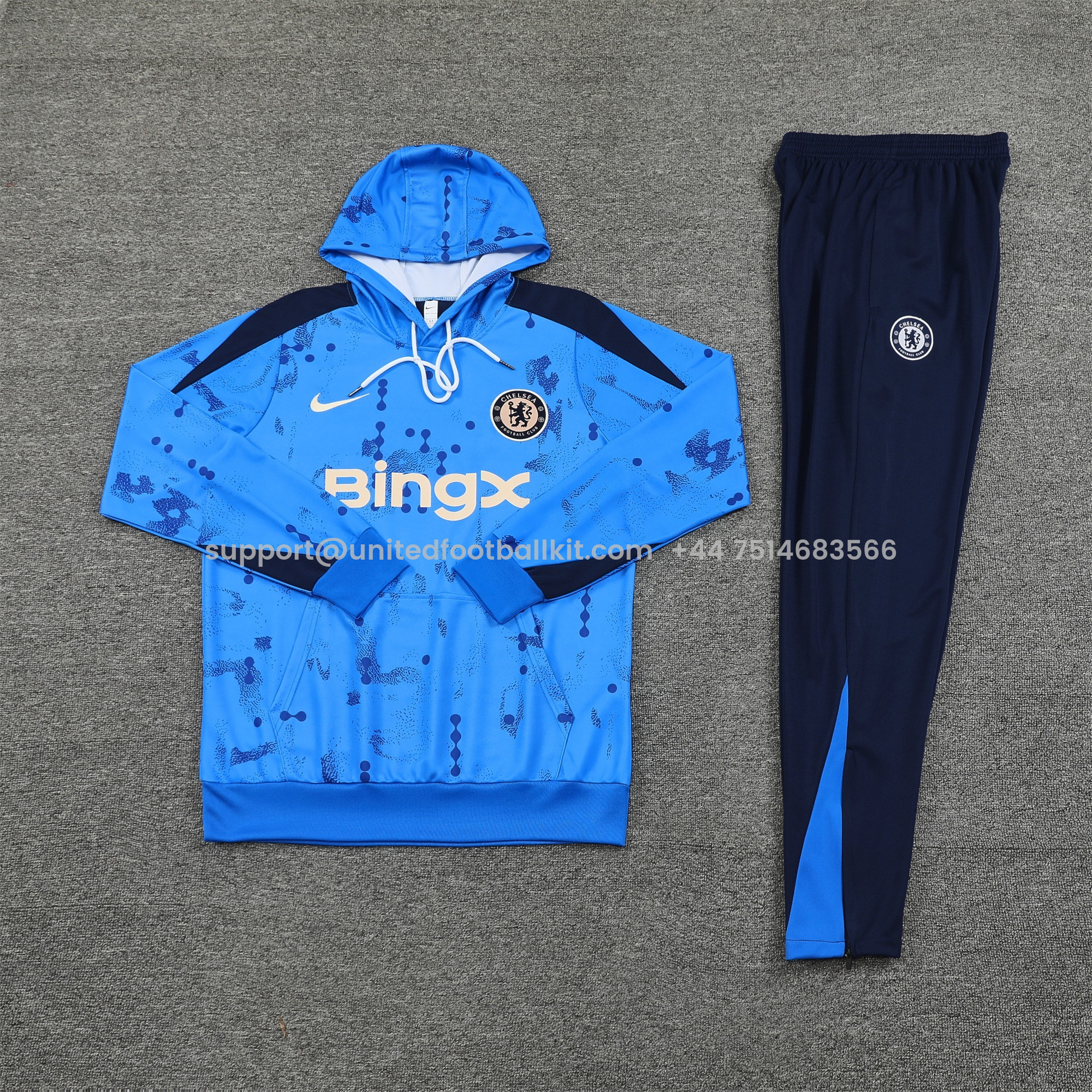 Unitedfootballkit.com | C.H.E.L.S.E.A 24-25 Long Sleeve Training Set - Blue Hoodie and Deep Blue Pants -Customize Name, Number and Patch | Worldwide Shipping