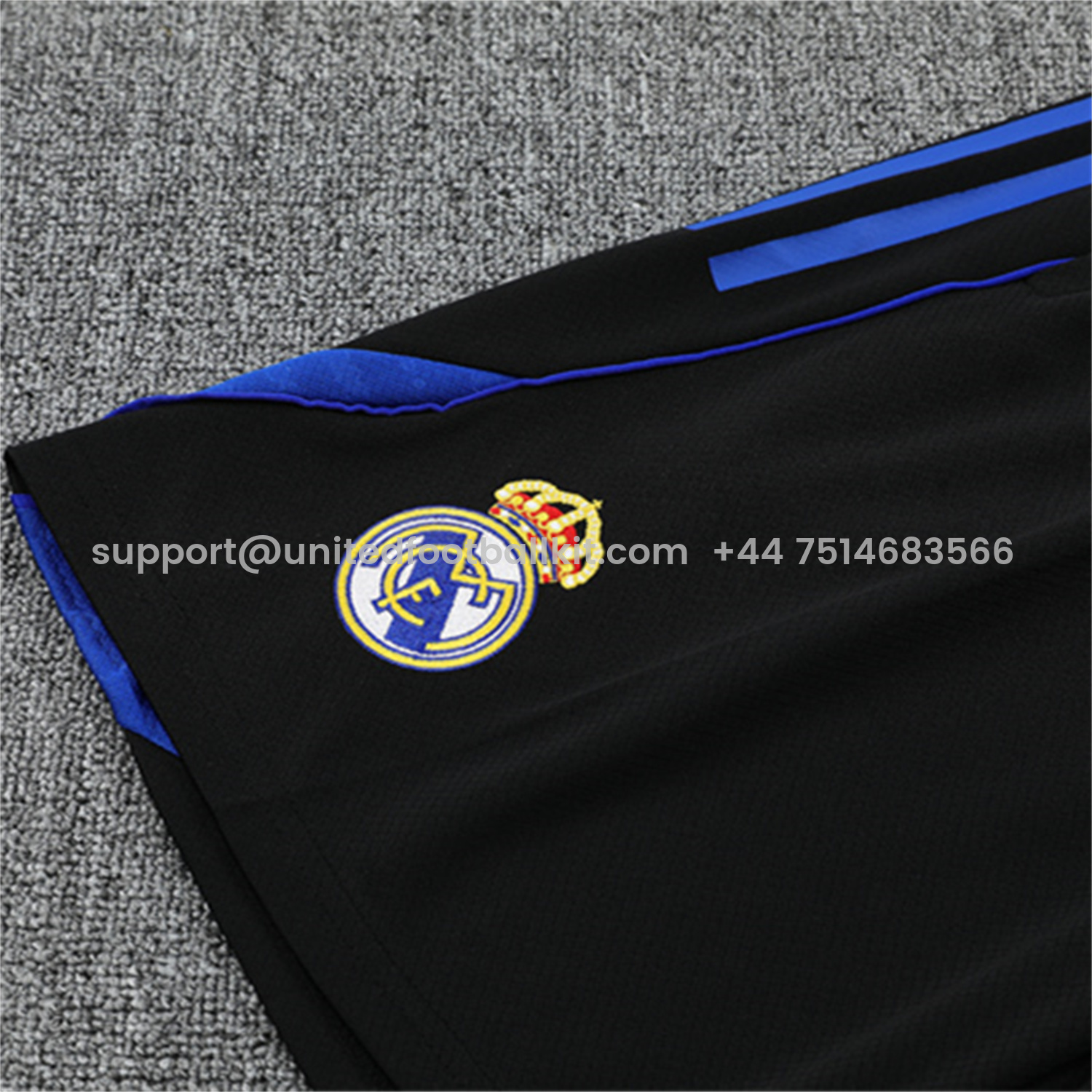 Unitedfootballkit.com | Real Madrid 25-26 Kid Short-Sleeve Training Set - Blue Black Dragon Top & Black Shorts -Customize Name, Number and Patch | Worldwide Shipping