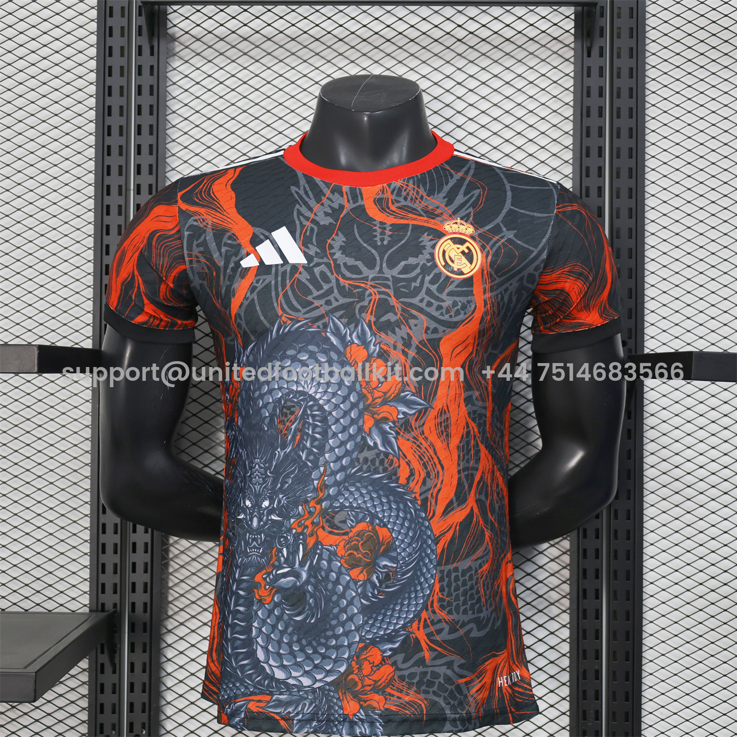 Unitedfootballkit.com | Real Madrid 25-26 Grey Chinese Loong and Red Fire Black Jersey - Player Version -Customize Name, Number and Patch | Worldwide Shipping