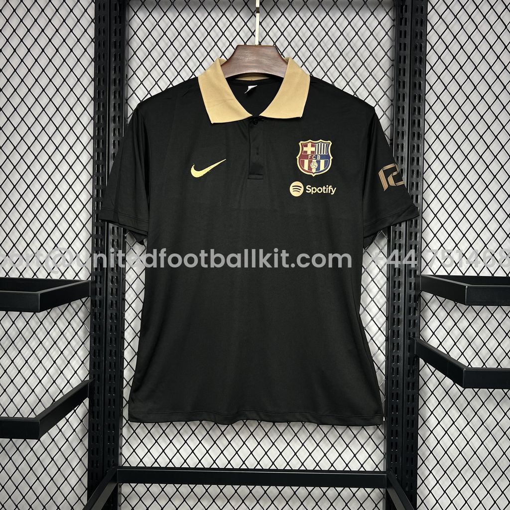 Unitedfootballkit.com | Barcelona 24-25 Black Gold Polo Shirt - Fans Version -Customize Name, Number and Patch | Worldwide Shipping