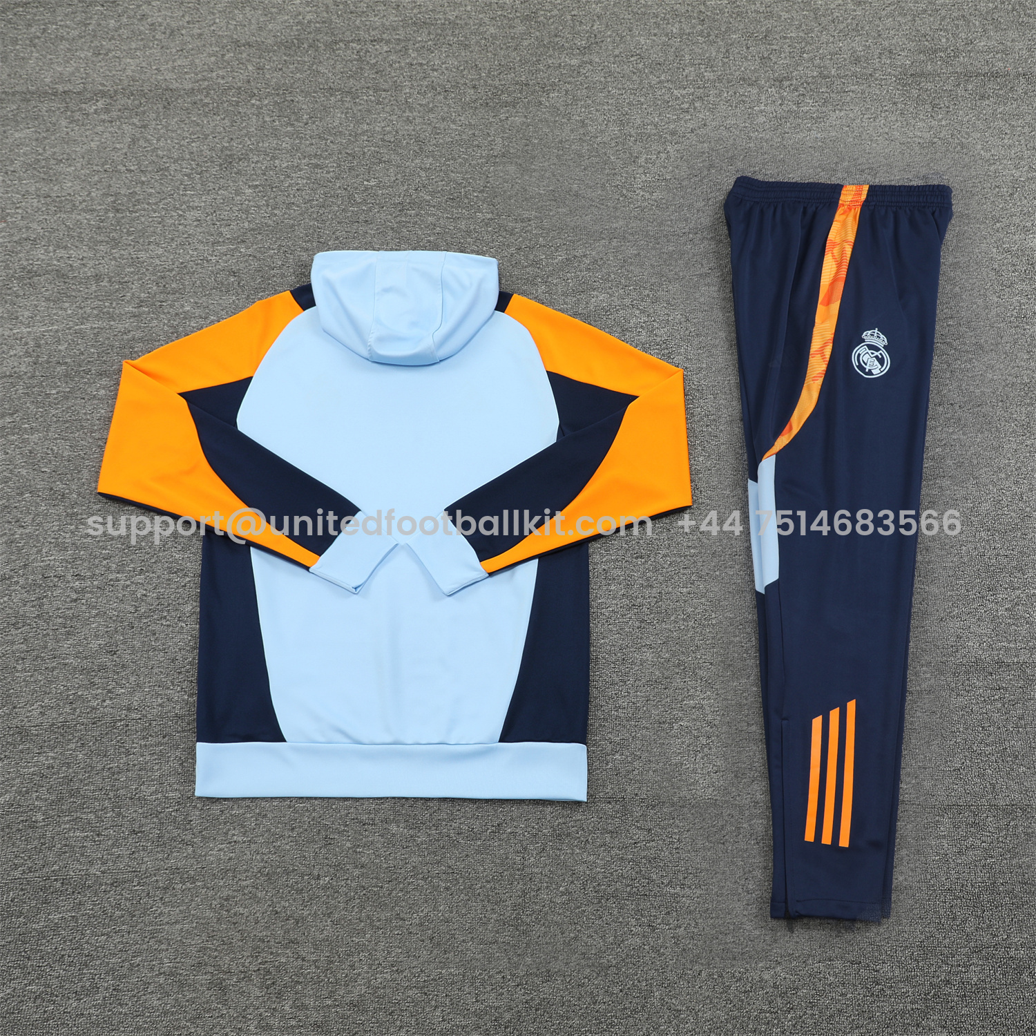 Unitedfootballkit.com | Real Madrid 24-25 Training Hoodie Set - Light Blue Hoodie and Deep Blue Pants -Customize Name, Number and Patch | Worldwide Shipping