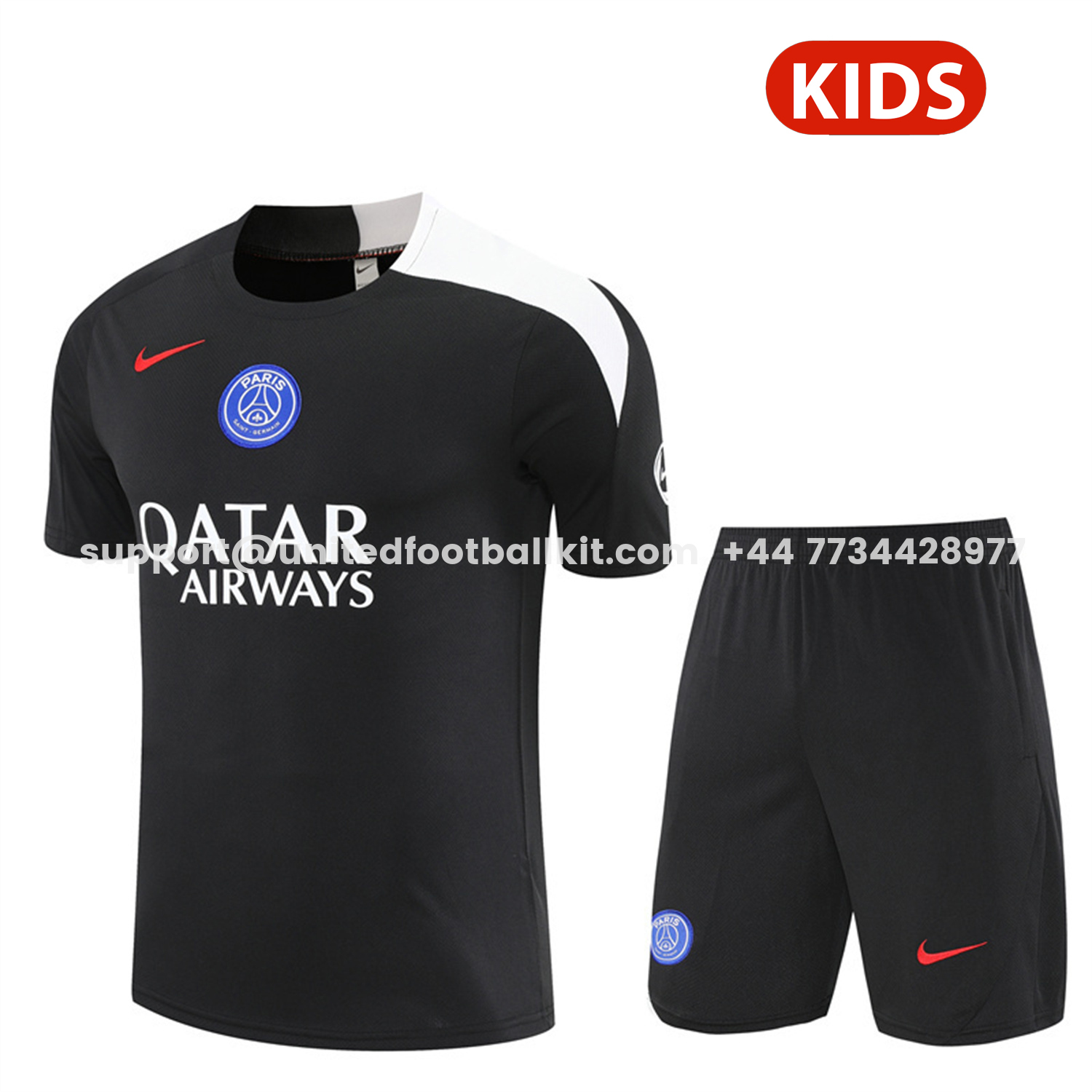 Unitedfootballkit.com | Paris Saint-Germain PSG 25-26 Kids Short-Sleeve Training Set - White Edge Black Top & Black Shorts -Customize Name, Number and Patch | Worldwide Shipping