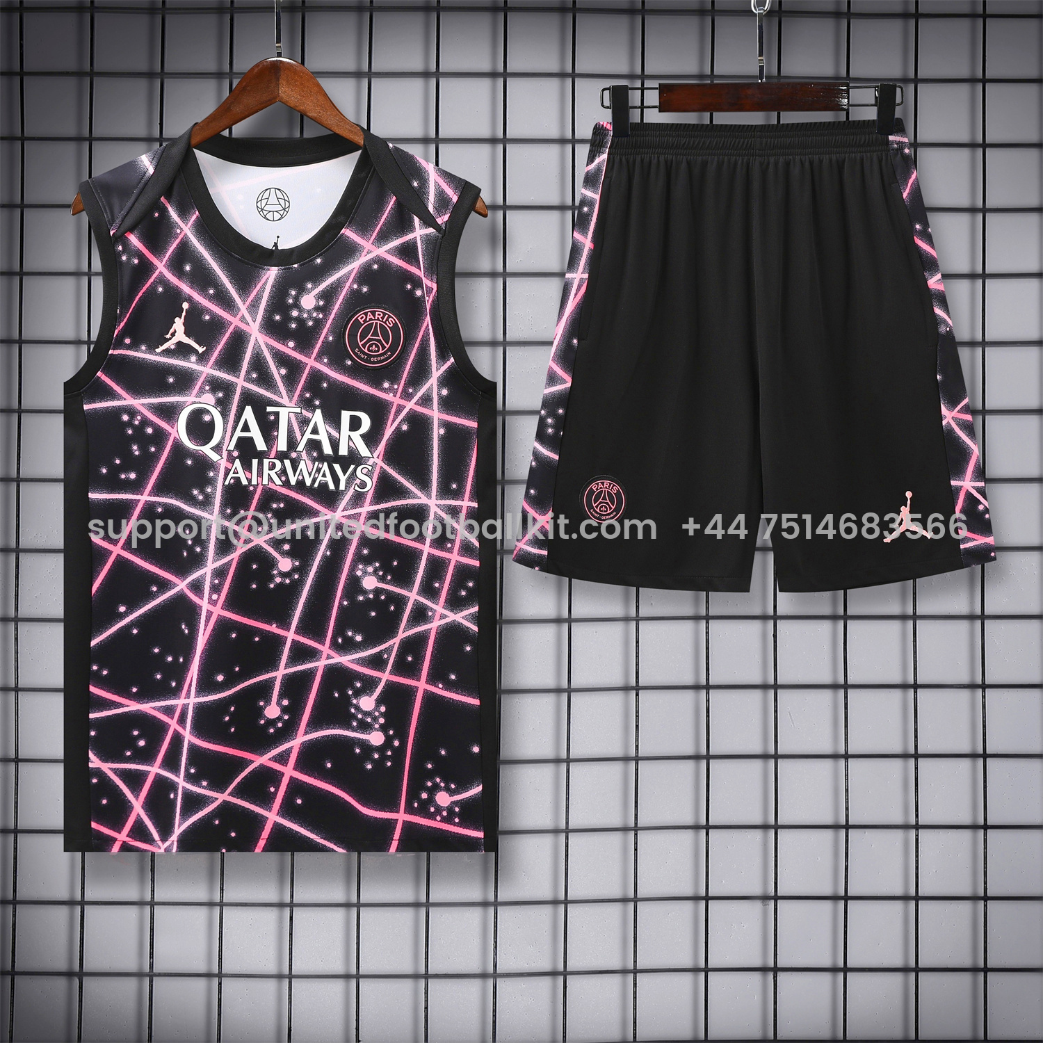 Unitedfootballkit.com | Paris Saint-Germain PSG 25-26 Vest Training Set - Pink Fluorescent Rays Black Vest & Black Shorts -Customize Name, Number and Patch | Worldwide Shipping