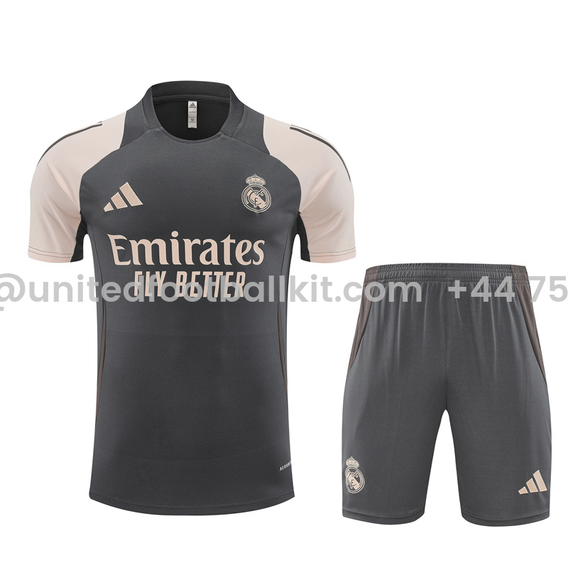 Unitedfootballkit.com | Real Madrid 24-25 Short-Sleeve Training Set - Deep Grey -Customize Name, Number and Patch | Worldwide Shipping