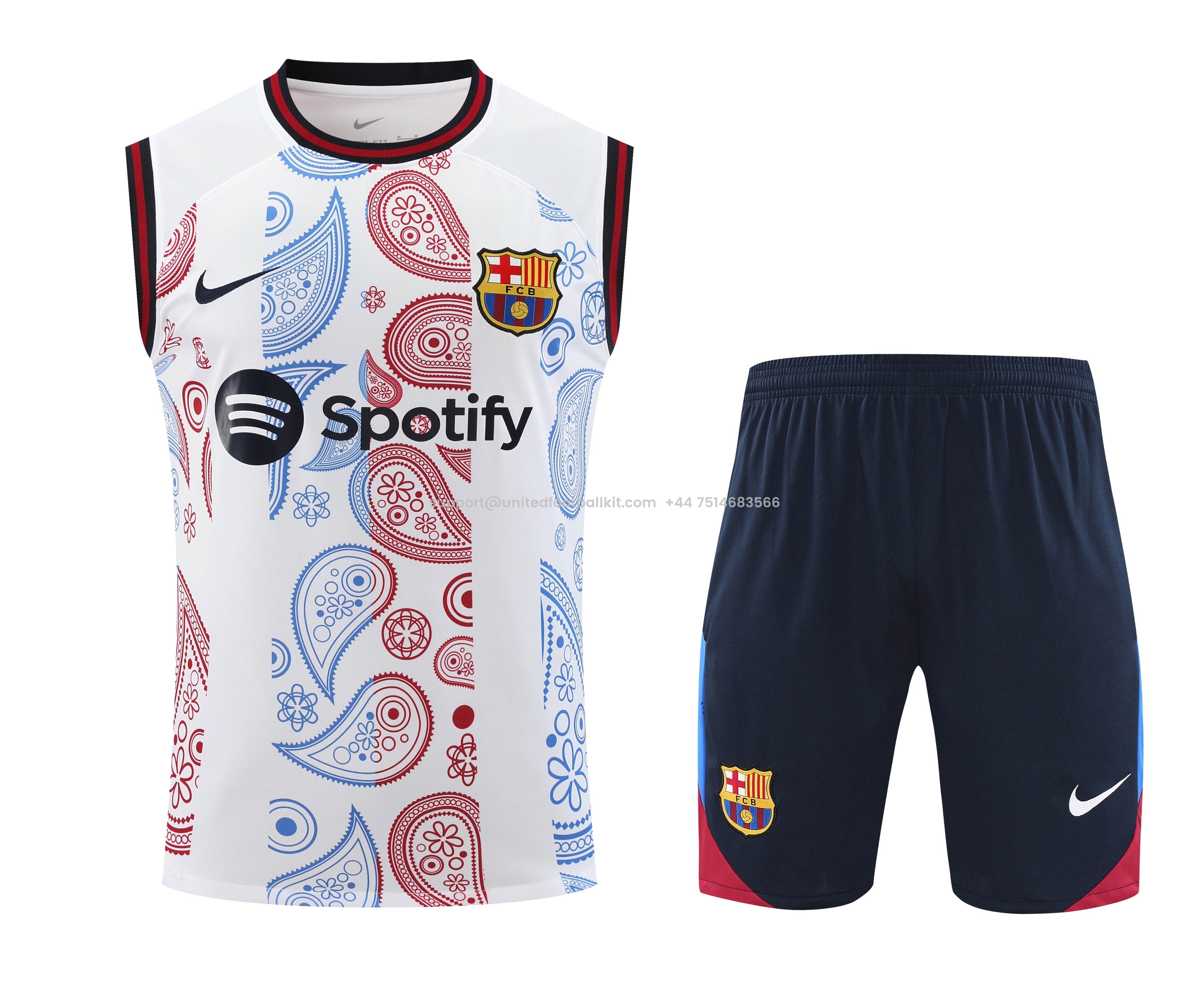 Unitedfootballkit.com | Barcelona 24-25 Training Vest Suit - White with Pattern -Customize Name, Number and Patch | Worldwide Shipping
