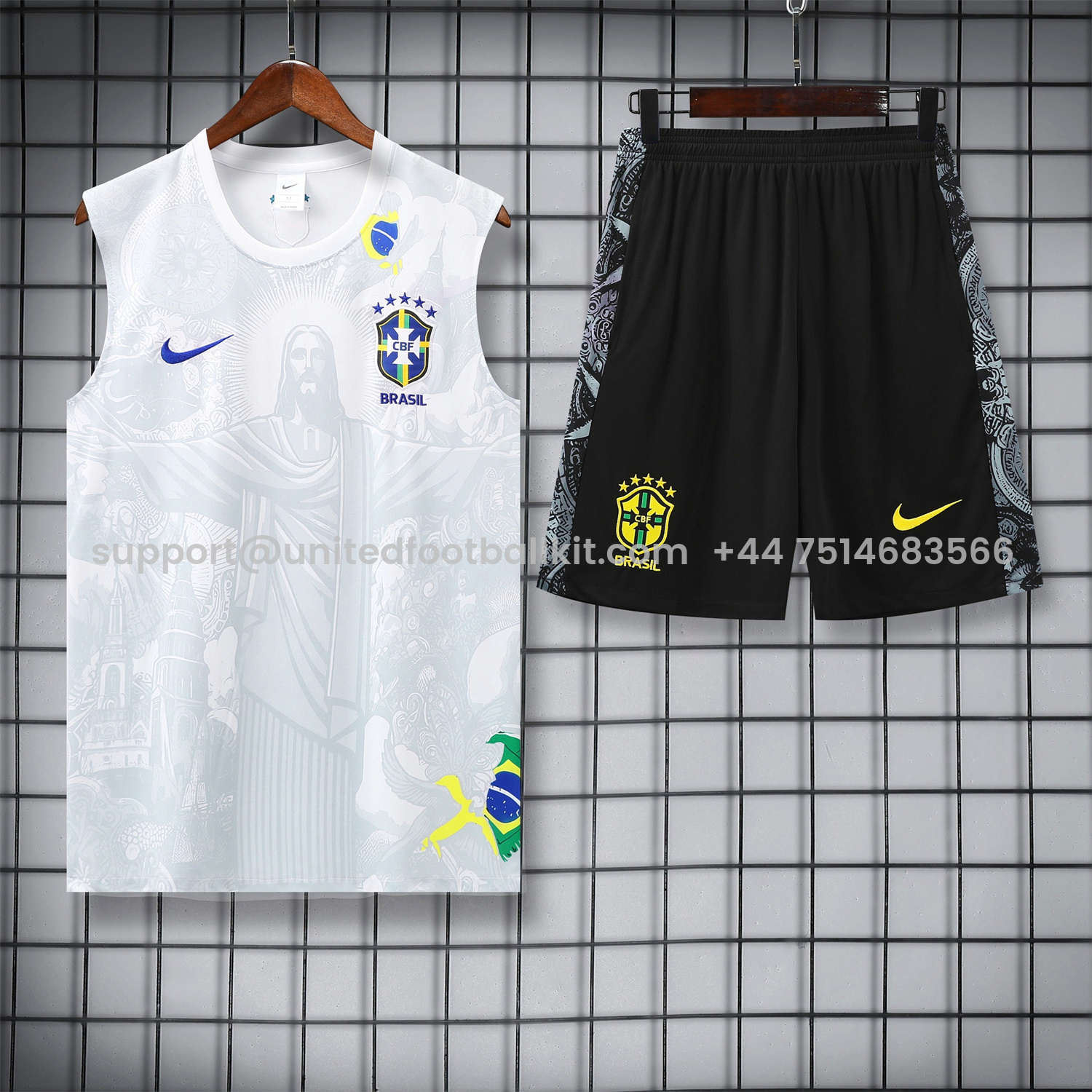 Unitedfootballkit.com | Brazil 25-26 White Jesus Statue Vest Training Set - White Vest & Black Shorts -Customize Name, Number and Patch | Worldwide Shipping