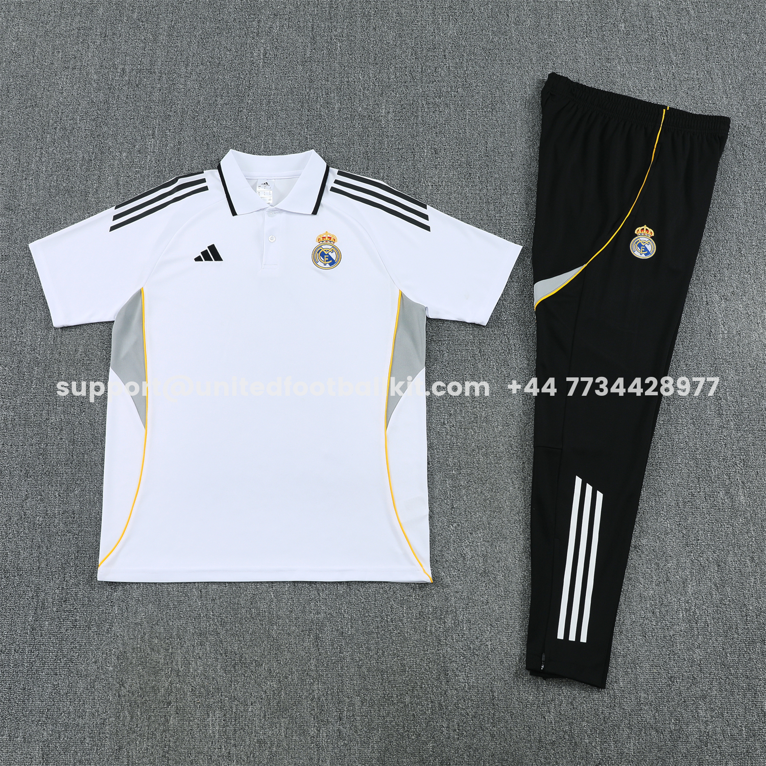 Unitedfootballkit.com | Real Madrid 25-26 POLO Short-Sleeve Training Set - White Top and Black Pants -Customize Name, Number and Patch | Worldwide Shipping