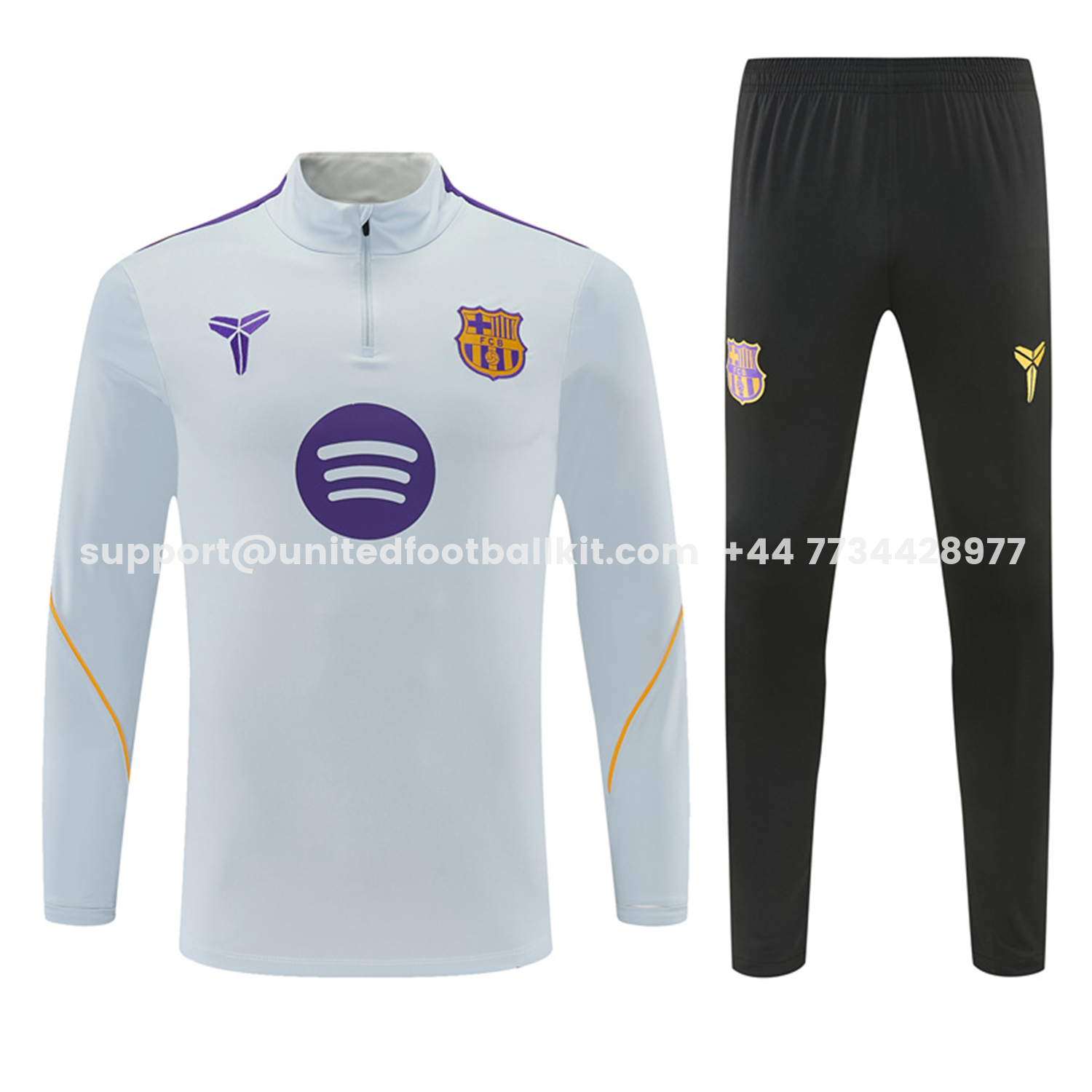 Unitedfootballkit.com | Barcelona 26-27 Kids Long Sleeves Training Set - Light Grey Top & Black Pants -Customize Name, Number and Patch | Worldwide Shipping