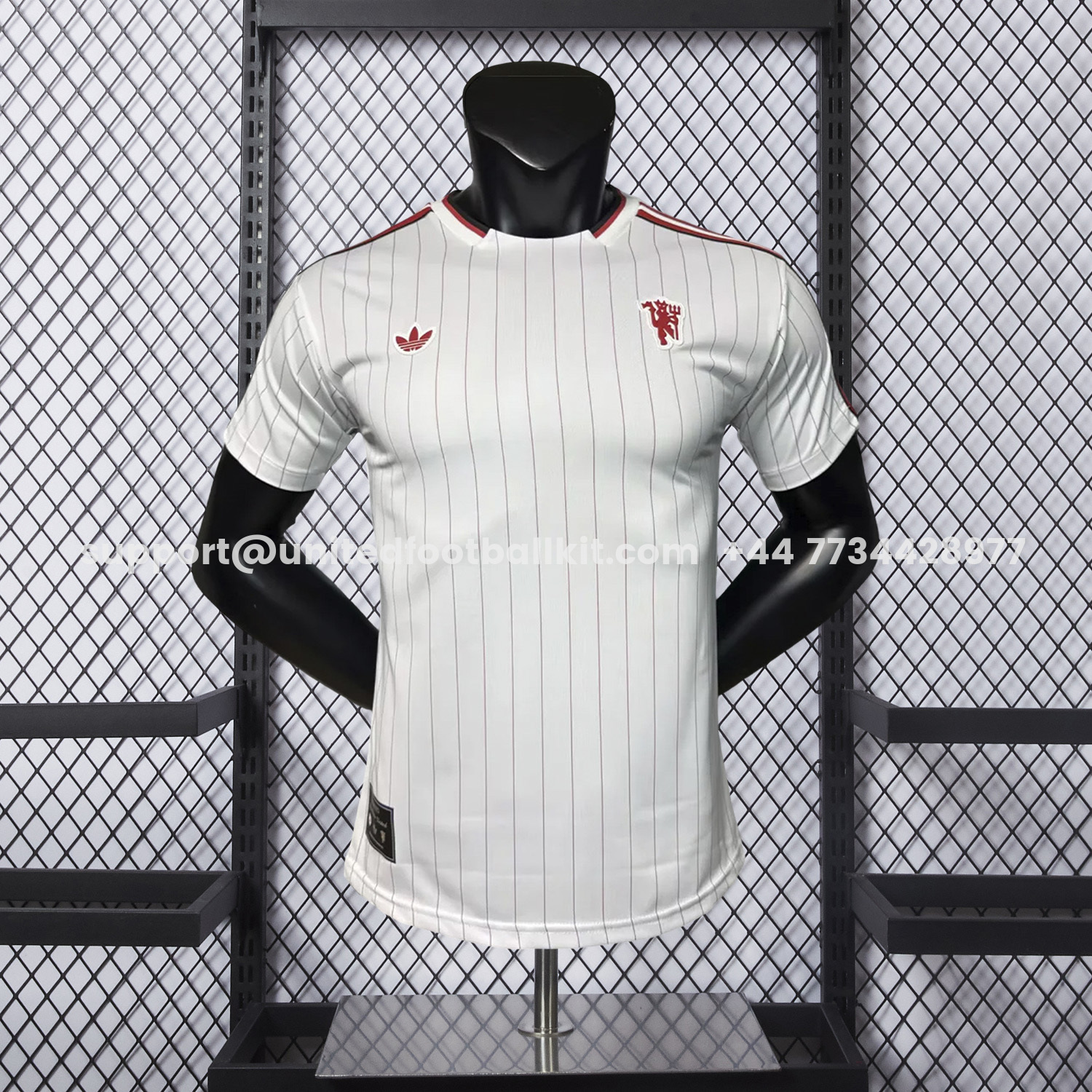 Unitedfootballkit.com | Manchester United 25-26 Trefoil Red Lines White Travel Jersey - Player Version -Customize Name, Number and Patch | Worldwide Shipping