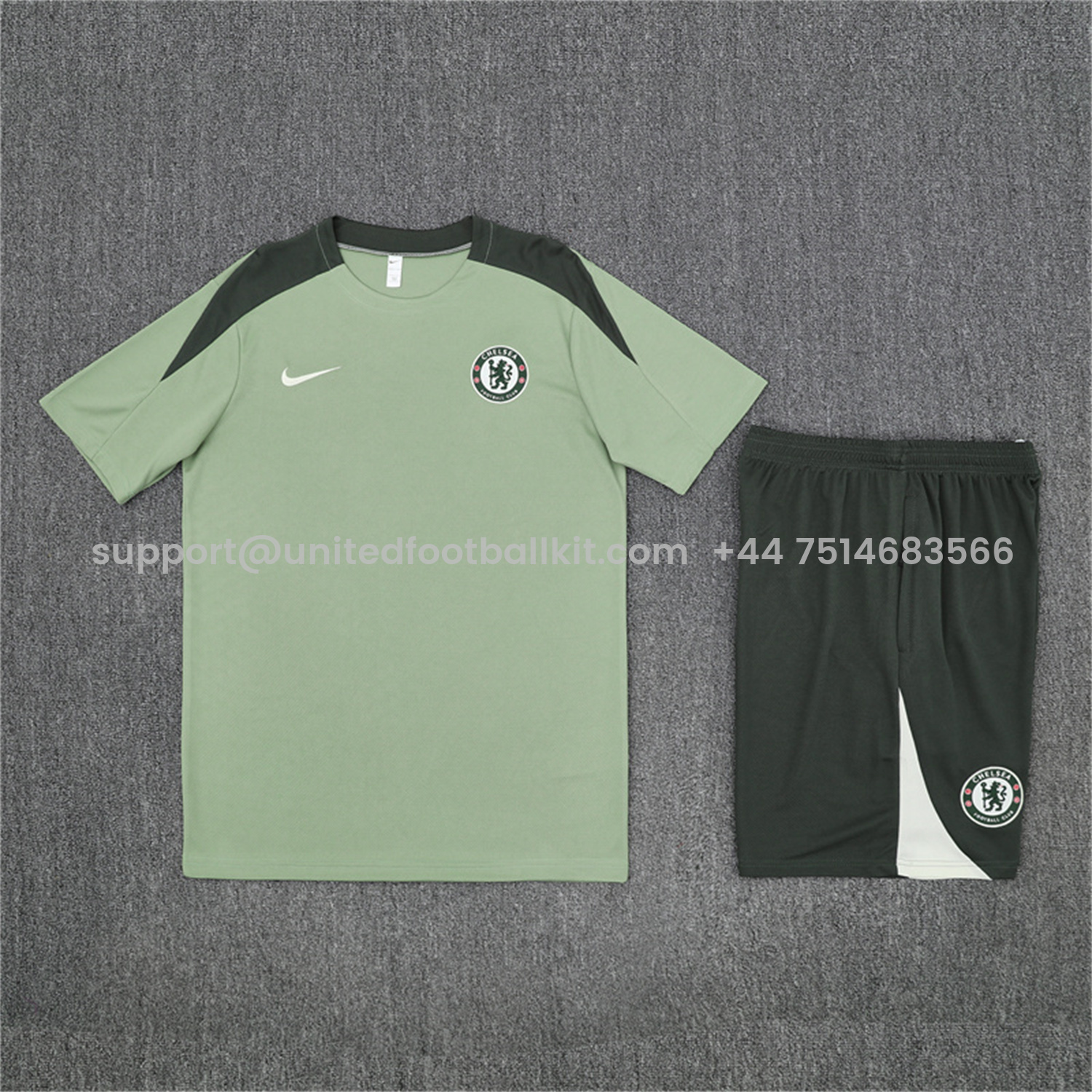 Unitedfootballkit.com | C.H.E.L.S.E.A 25-26 Kids Short-Sleeve Training Set - Light Green Top & Army Green Shorts -Customize Name, Number and Patch | Worldwide Shipping